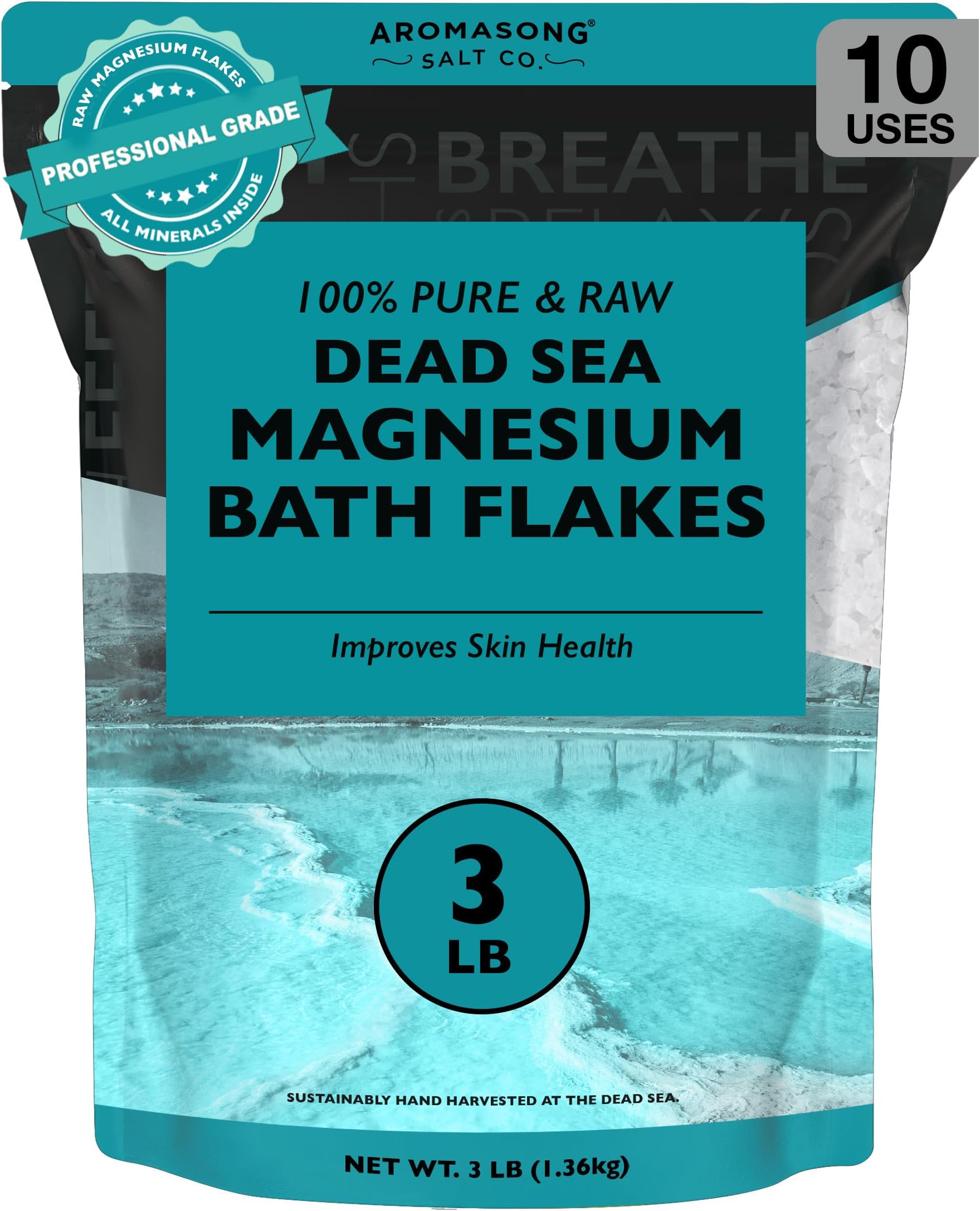 Aromasong Magnesium Flakes for Bath from The Dead Sea- 3 LB Resealable Pack Magnesium Chloride Flakes -Organic Bath Salt Muscle Relaxing Mineral Soak (Packaging May Vary)