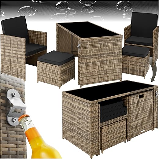 tectake Poly Rattan Sitzgruppe, 5- teiliges Lounge Gartenmöbel Set mit Tisch, Sessel & Hocker, Essgruppe für bis zu 4 Personen, Garten und Balkon Möbel inkl. Polster – grau