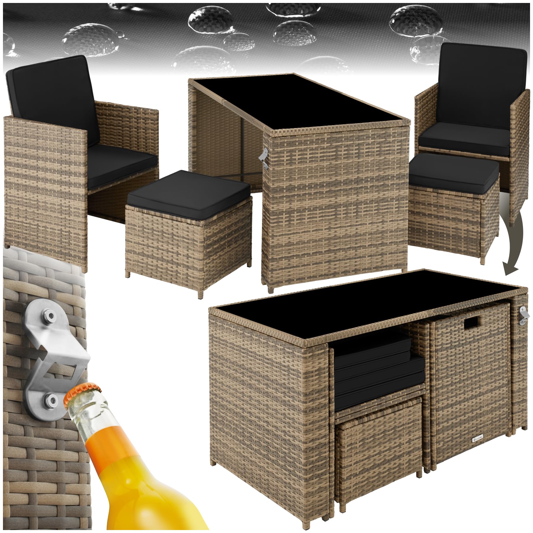 tectake Poly Rattan Sitzgruppe, 5- teiliges Lounge Gartenmöbel Set mit Tisch, Sessel & Hocker, Essgruppe für bis zu 4 Personen, Garten und Balkon Möbel inkl. Polster - Natur
