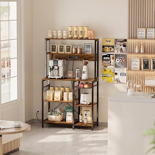 Miniatura 6 de SUPERJARE Estante para panaderos con toma de corriente, barra de café de 35.4 pulgadas con canasta de alambre, soporte de microondas de cocina con 6