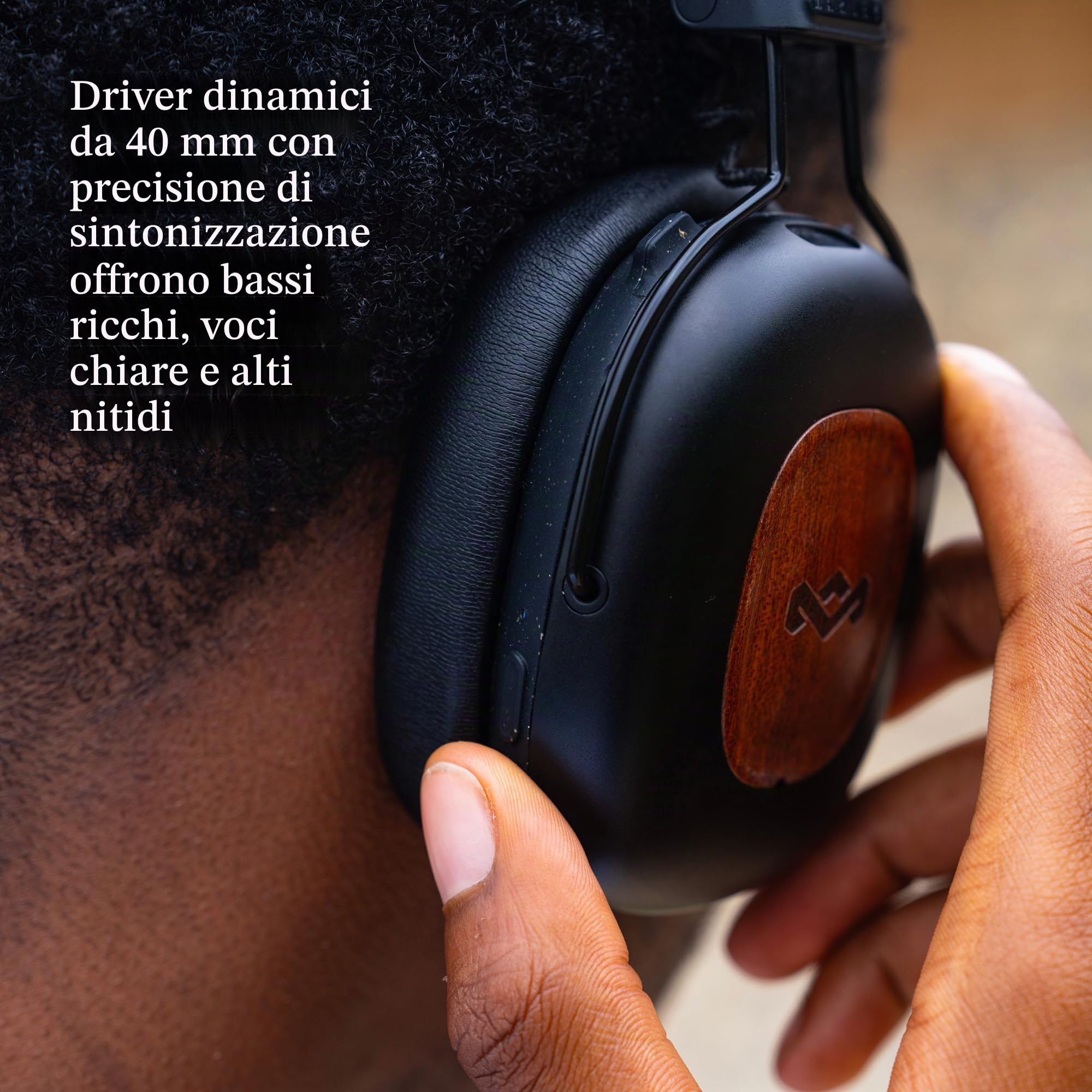 House of Marley Positive Vibration Rebel Cuffie Over-Ear ANC - Nero | Wireless Bluetooth, Cancellazione Adattiva del Rumore, Autonomia 130 Ore, IPX5, Driver da 40mm, Materiali Sostenibili