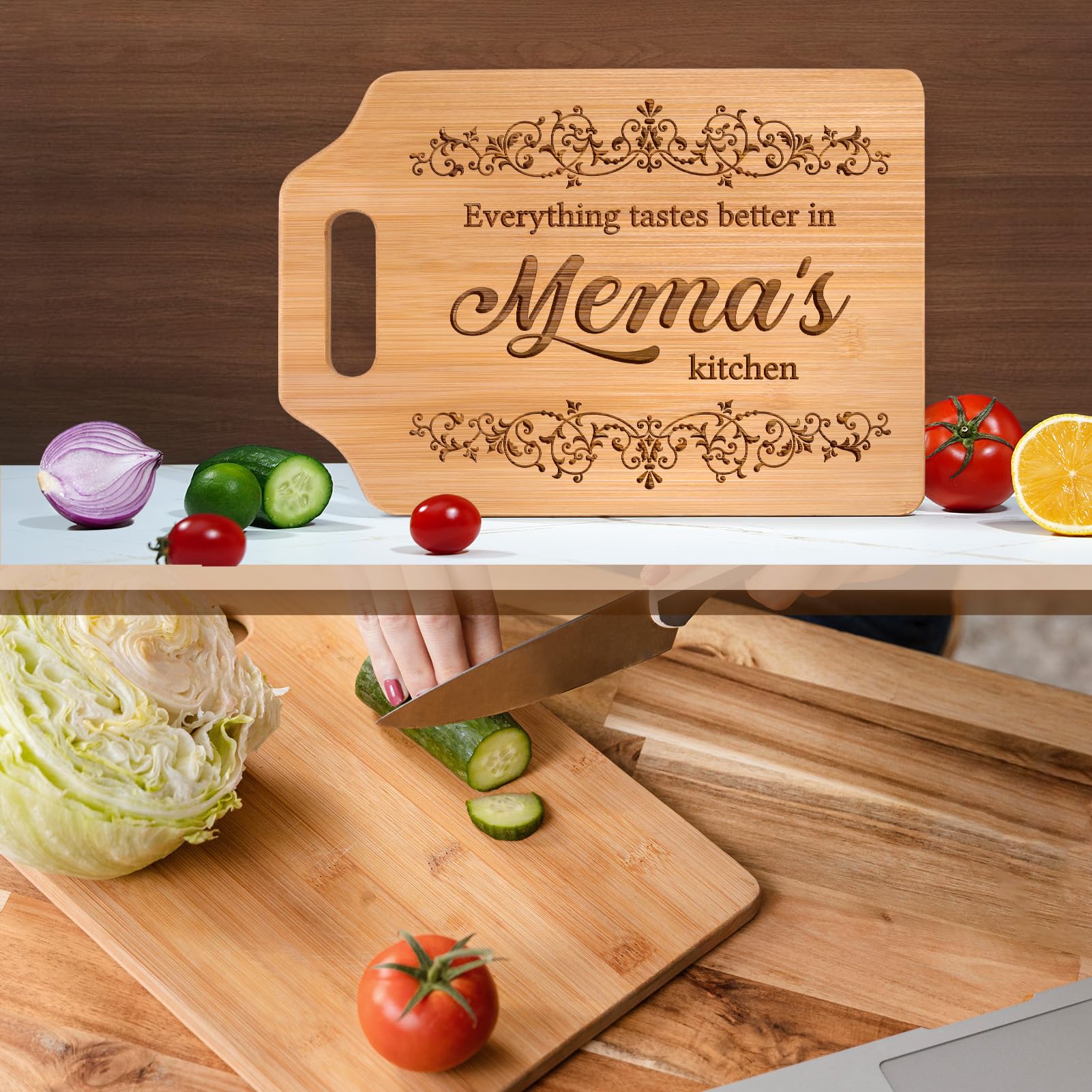 AceThrills Mema Gifts for Mema's Birthday Gifts - Engraved Bamboo Cutting Board 12.3"L × 8.7"W × 0.4"Th