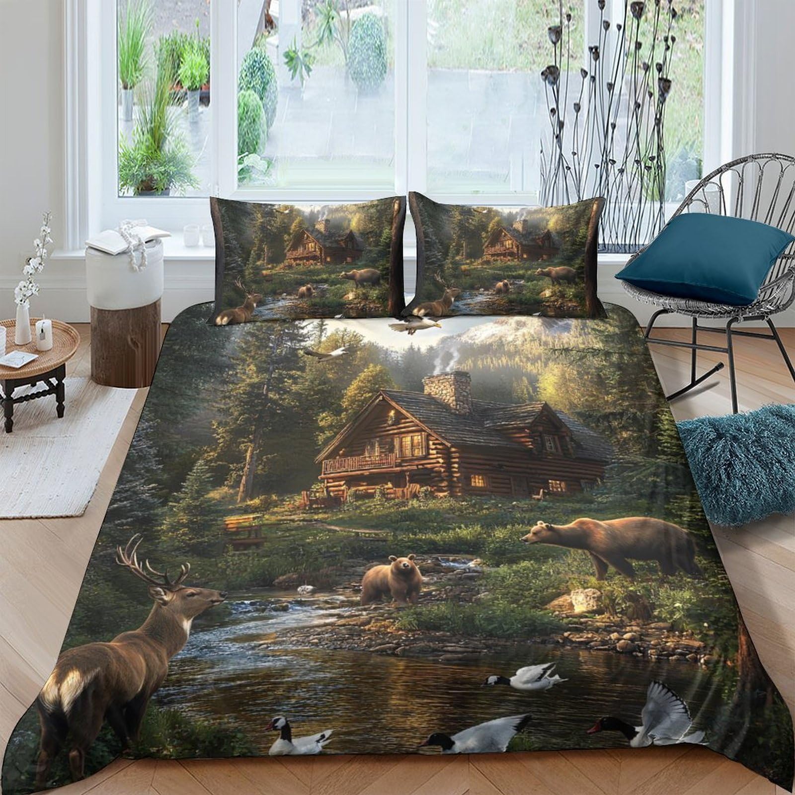 Ctjqhvkz Style-6 3D Printed Forest Cabin Fitted Sheet Microfiber Scenic River Deer Mattress Cover For Bedroom Guest Room Protection Decor Single（135X200cm）