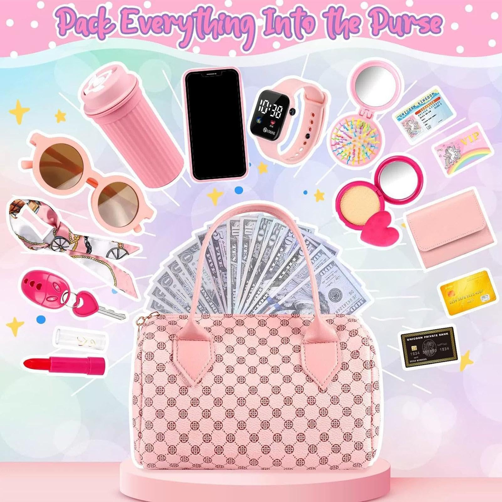 Juego de Monederos para Niñas - Bolso de Juguete con Accesorios | de Juego de rol para Vestir Princesas para Edades de 3 a 6 años, Kit de de simulación, Regalo de cumpleaños para niños, jue