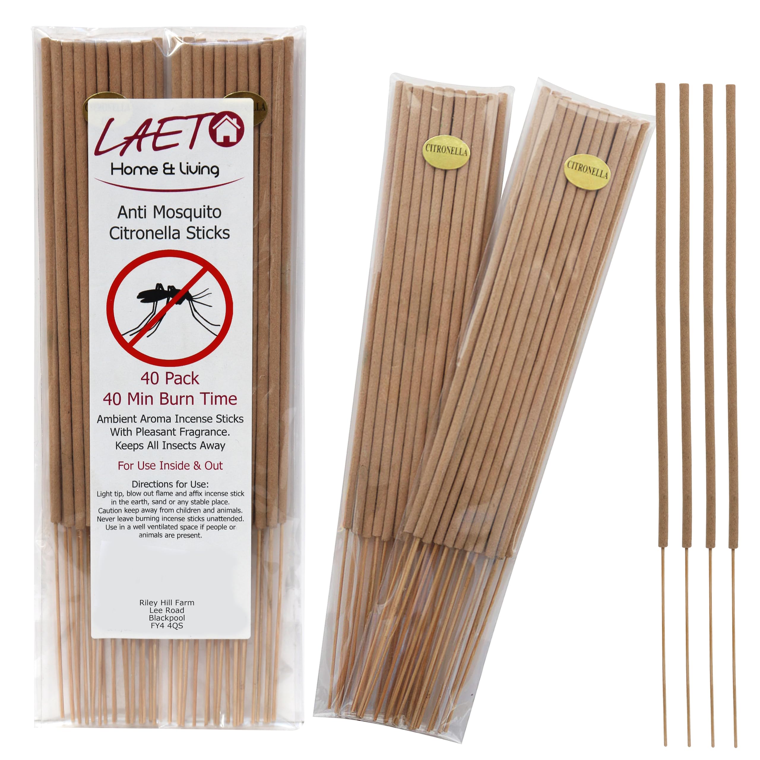 Laeto Ageless Aromatherapy x2 Packs of 40 Citronella Incense Sticks | Home Fragrance Incense Sticks Multipack Insect Repellent, Mosquito Repellent, Fly Repellent