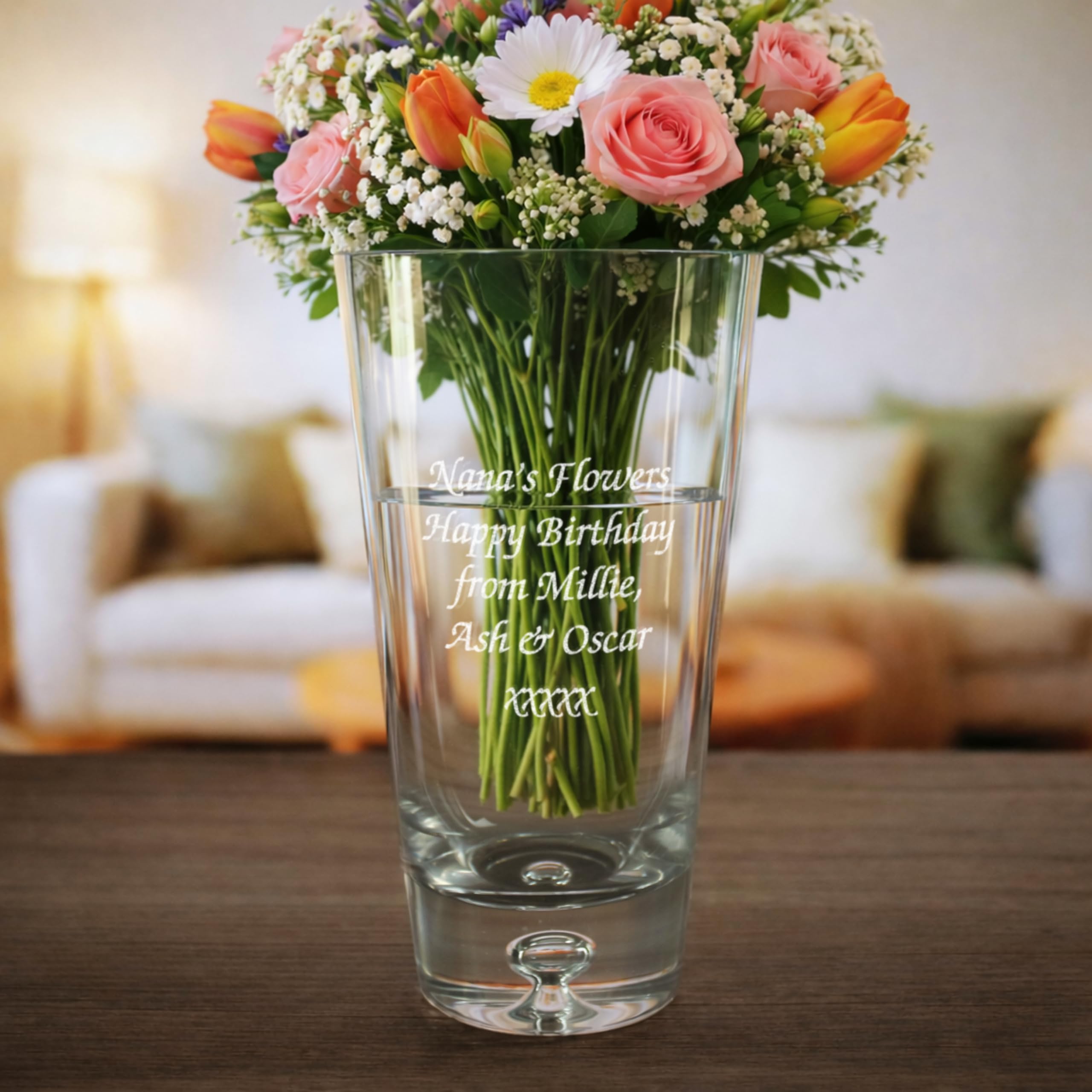 Jarrón cónico con base de burbujas grabado personalizado de 18 cm, personalizable con cualquier nombre o mensaje, caja de regalo incluida, grabado con láser, recuerdo a medida para boda, cumpleaños