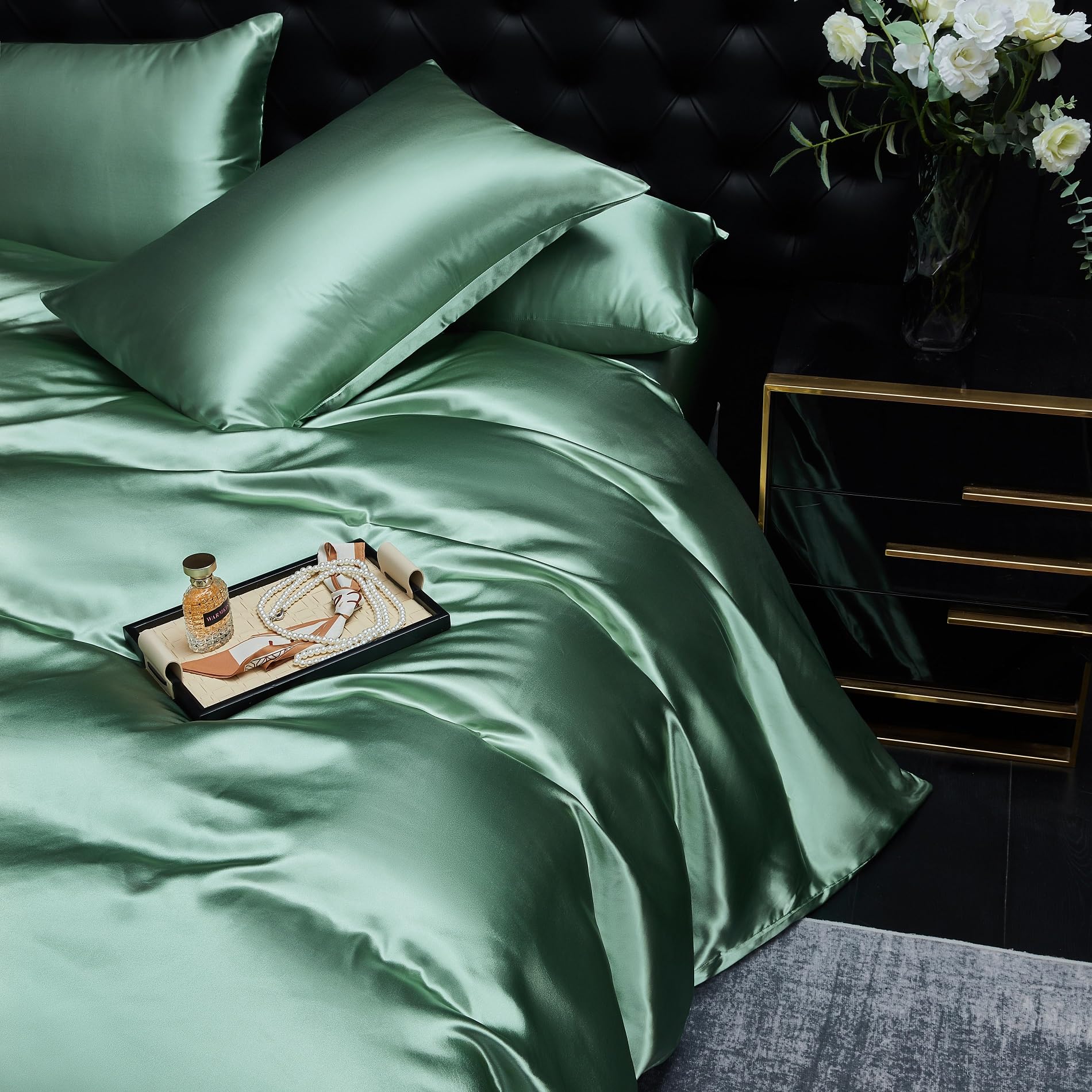 Biancheria da letto in raso 200x220 Verde erba brillante tinta unita satinata biancheria da letto lucida e liscia set di copripiumino deluxe morbido e setoso 3 pezzi con cerniera e 2 federe