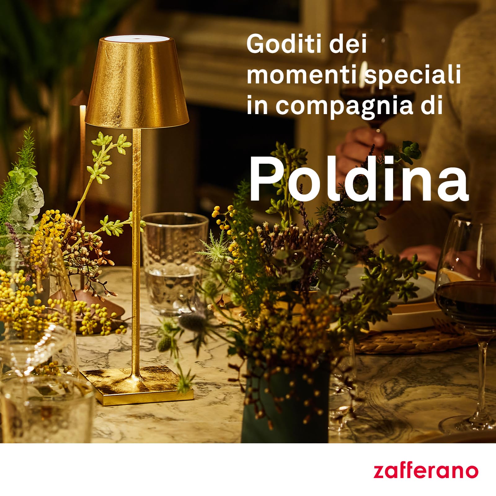 Zafferano, Poldina Pro con Foglia Color Argento, Lampada da Tavolo Ricaricabile e Senza Fili con Controllo Touch, Utilizzabile come Lampada da Interni, Dimmer, 2200-3000 K, Altezza 38 cm
