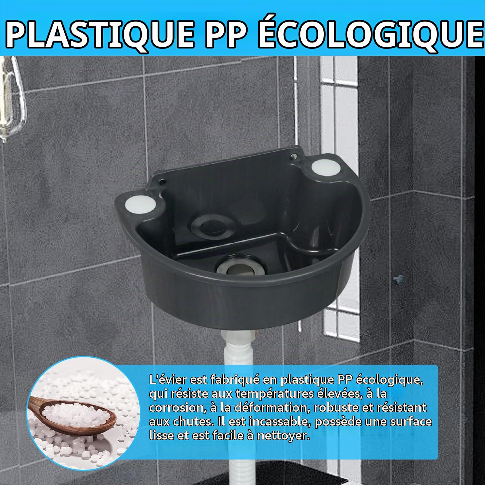 éVier En Plastique, éVier De Camping Mural Avec Bonde De 75 Cm Lavabo Semi-Circulaire Gris Pour Toilettes InvitéS Salle De Bain Camping Jardin Cave Chantier 31x 21x10,5 Cm