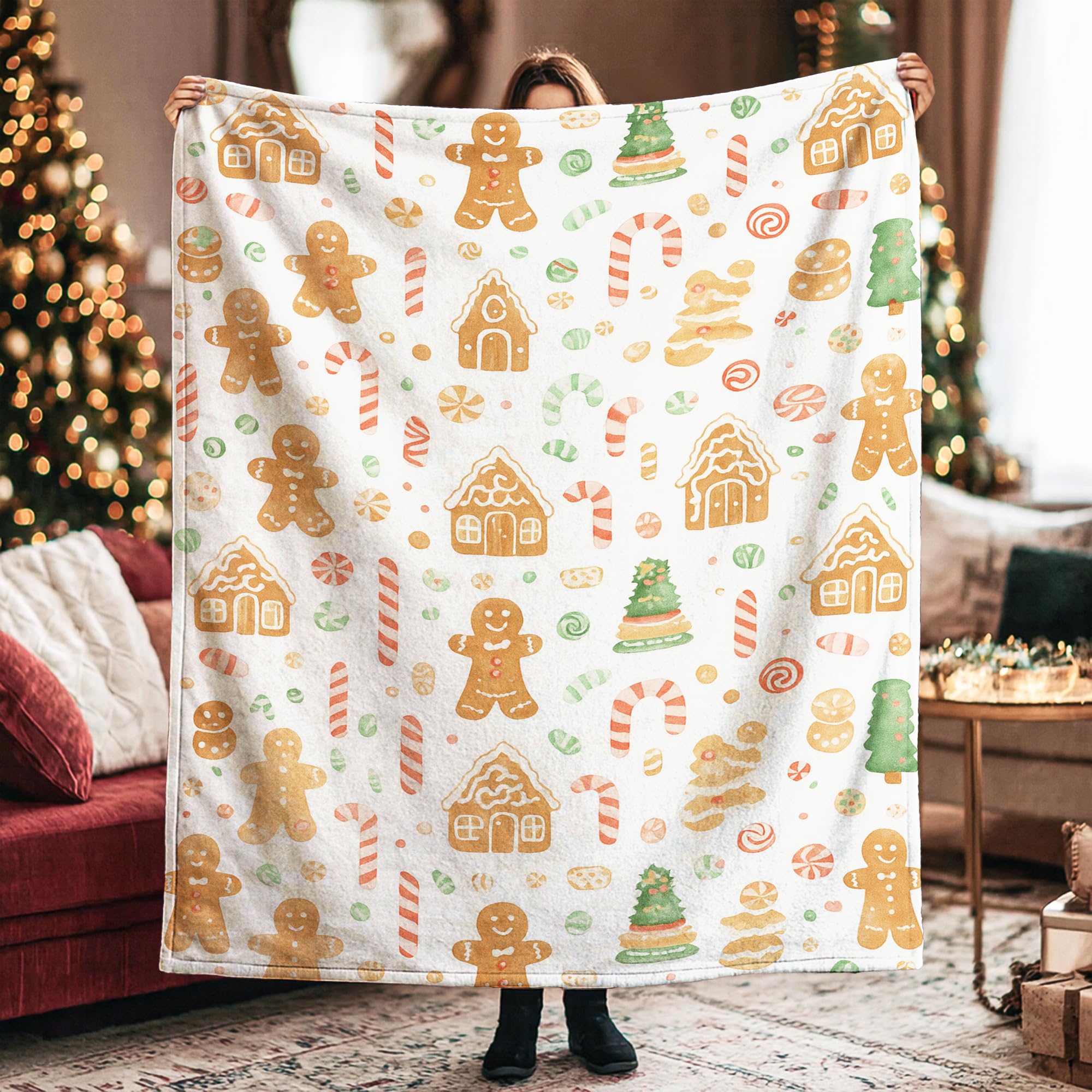 Gingerbread Man Throw Blanket, Christmas Festive Candy Cane Gingerbread House Christmas Brown Fleece Blankets Soft Cozy Decorative for Couch Sofa Bed Car Chair Office Desk 40x60 Inch