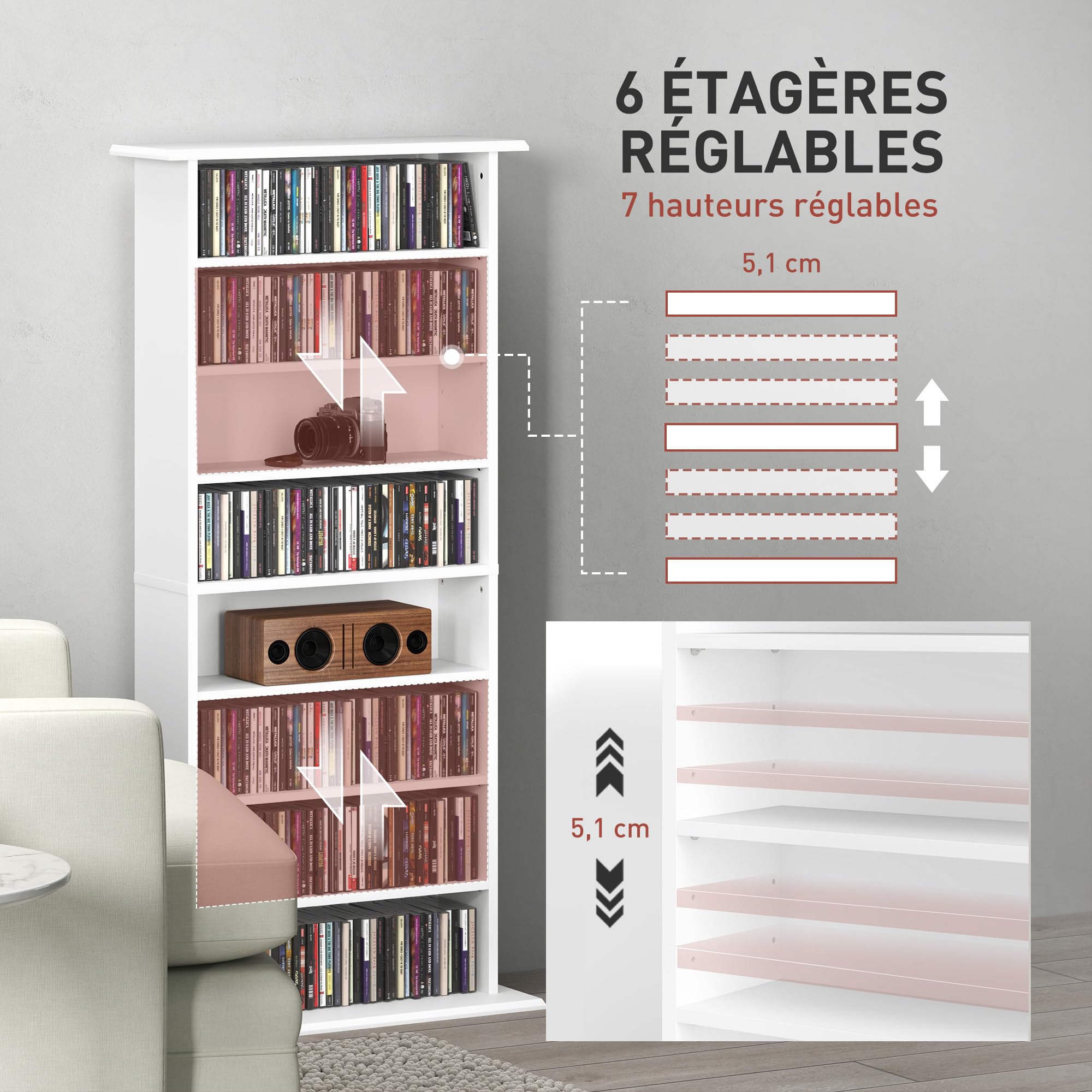 Almacén de CD y DVD HOMCOM, Unidad de Almacenamiento Multimedia con 8 Compartimentos y 6 estantes Ajustables, Capacidad máx. 360 CD/185 DVD y BLU-Ray, 58 x 24 x 124,5 cm, Blanco
