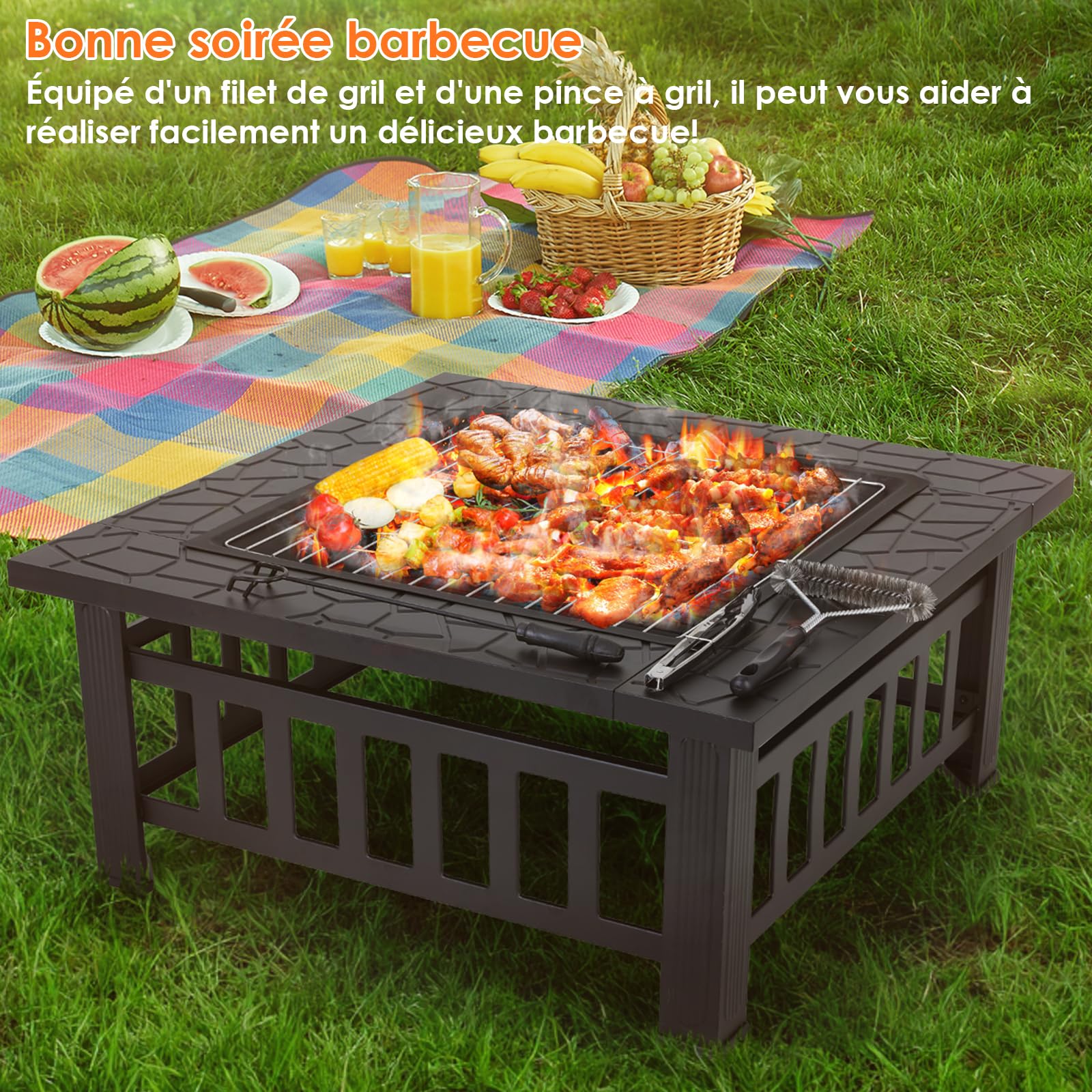 LIFERUN Brasero Exterieur Barbecue 81cm, Brasero de Jardin, Foyer Exterieur | 3 en 1 Chauffage de Terrasse avec Grille, Tisonnier, Pare-étincelles, Maille de Carbone, Pinces à Gril, Brosse, 4 pcs Pied