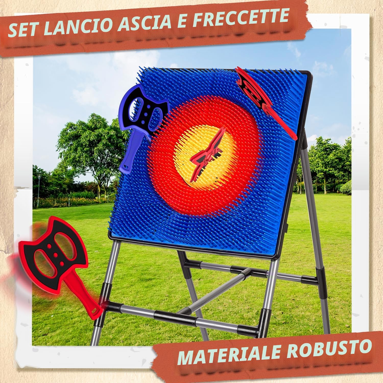 POPERFUN Gioco di lancio dell'ascia con 6 Freccette, 6 Asce, Giocattoli per Interni ed Esterni, Giochi in Giardino, Regali di Compleanno e Natale per Bambini