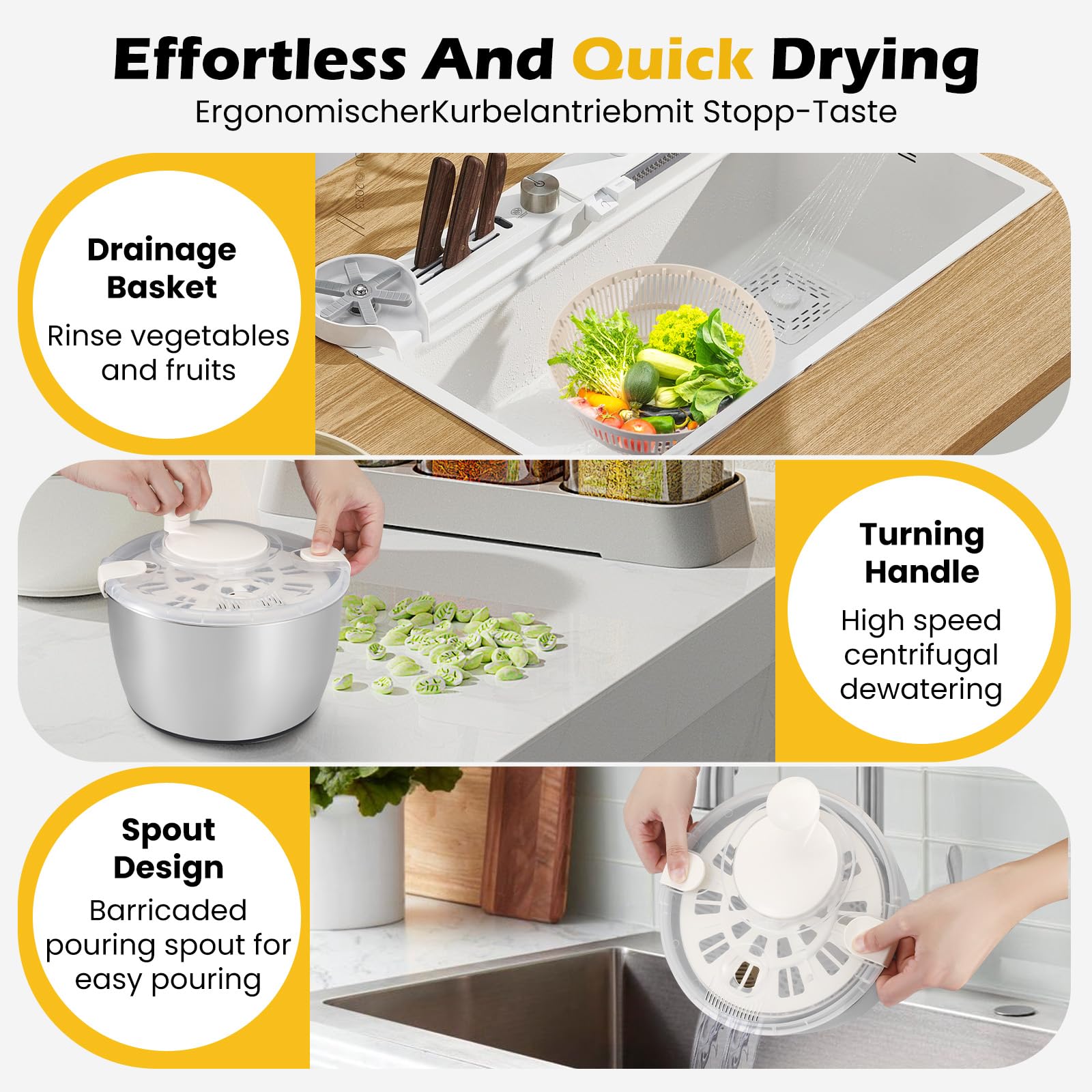 Centrifuga Insalata Acciaio Inox 4,8L - Con Manovella E Base Antiscivolo - Foto 4