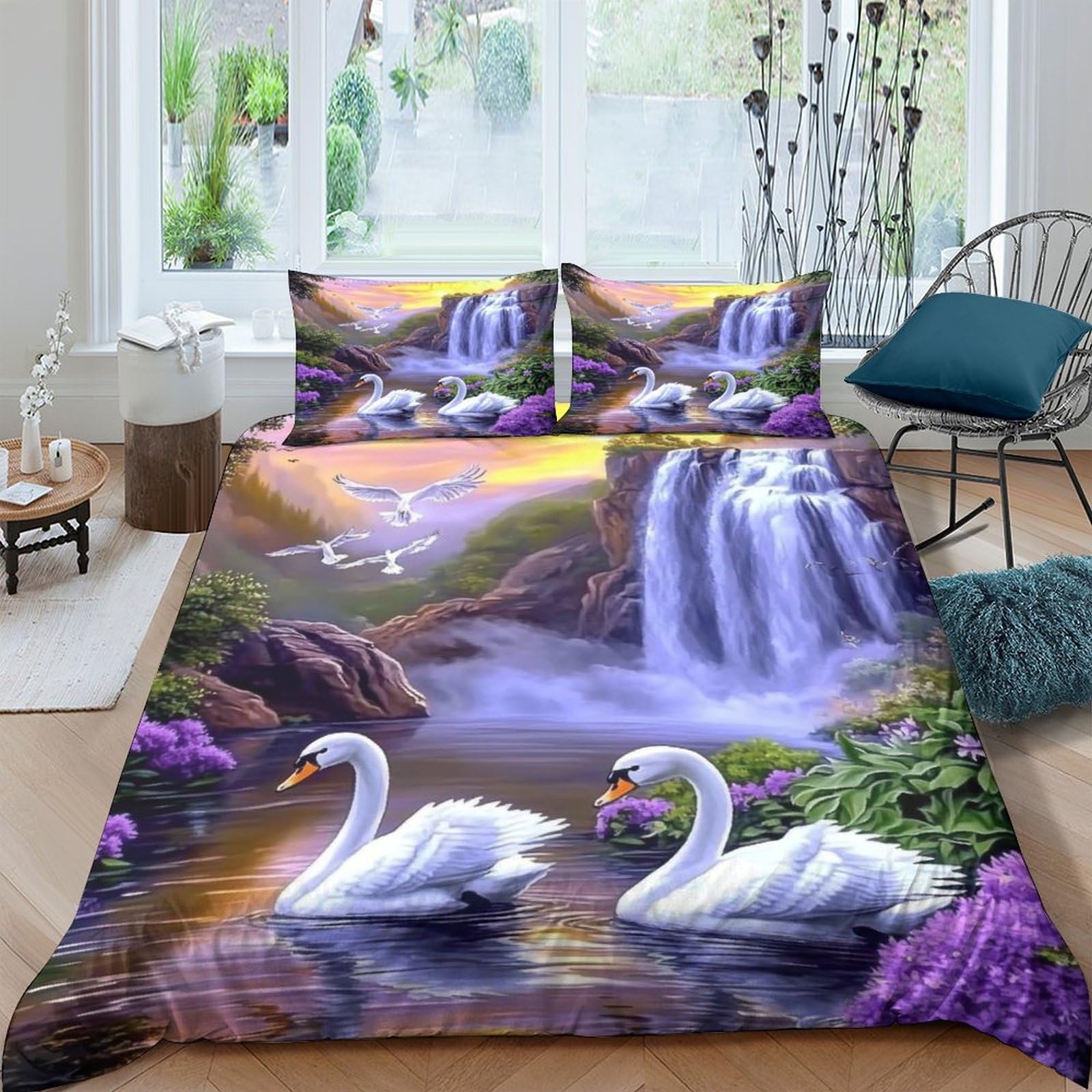 Ctjqhvkz Style-3 3D Printed Swan Waterfall Fitted Sheet Microfiber Bedroom Decor Mattress Cover For Home Dorm Easy Care Single（135X200cm）