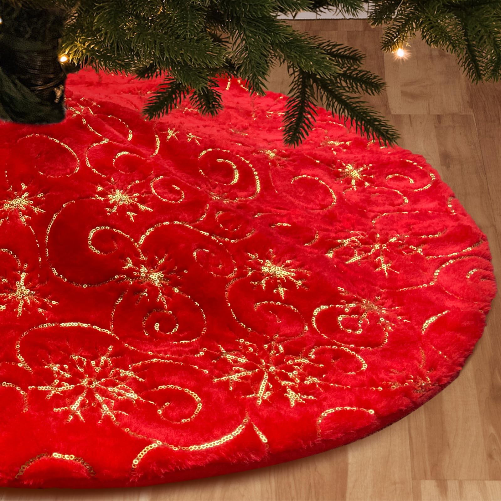 DecroXmas Christmas Tree Skirts 48 Inch Red Plush with Snowflake Design Xmas Tree Base Cover Faux Fur Thick for Christmas New Year Party Holiday Decorations 122 cm