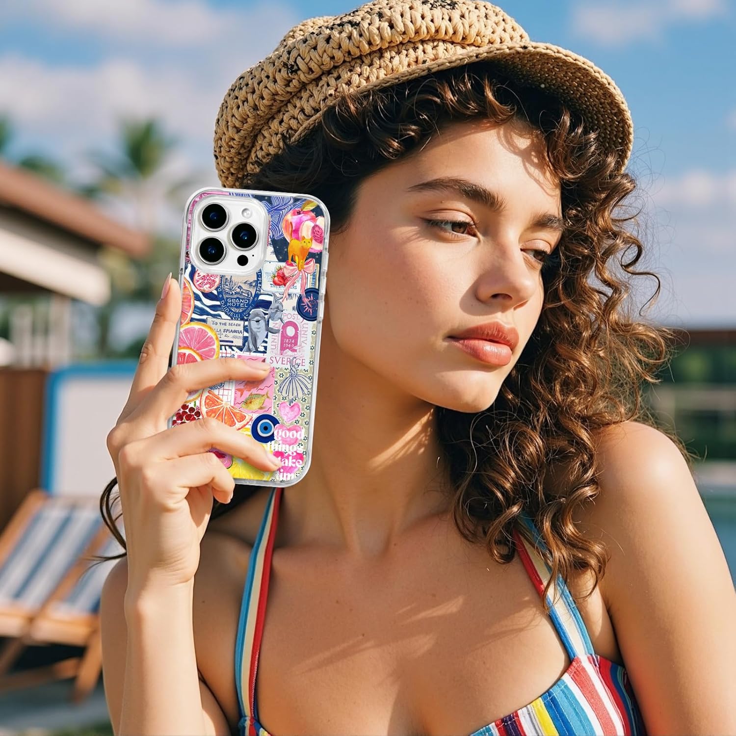 for iPhone 15 Case, Citrus Coastal Collage Pattern with Vintage Postcards, Y2K Boho Soft Slim TPU Protective Cover Compatible with MagSafe, Camera Protection for Women & Girls