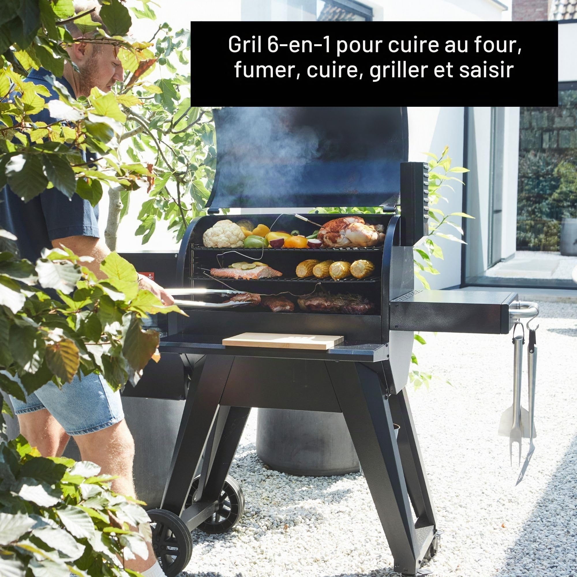 Barbecook Barbecue à pellets Arthur, Gril à pellets avec 3 grilles réglables, 75°C-260°C, en émail noir 126x72x130 cm