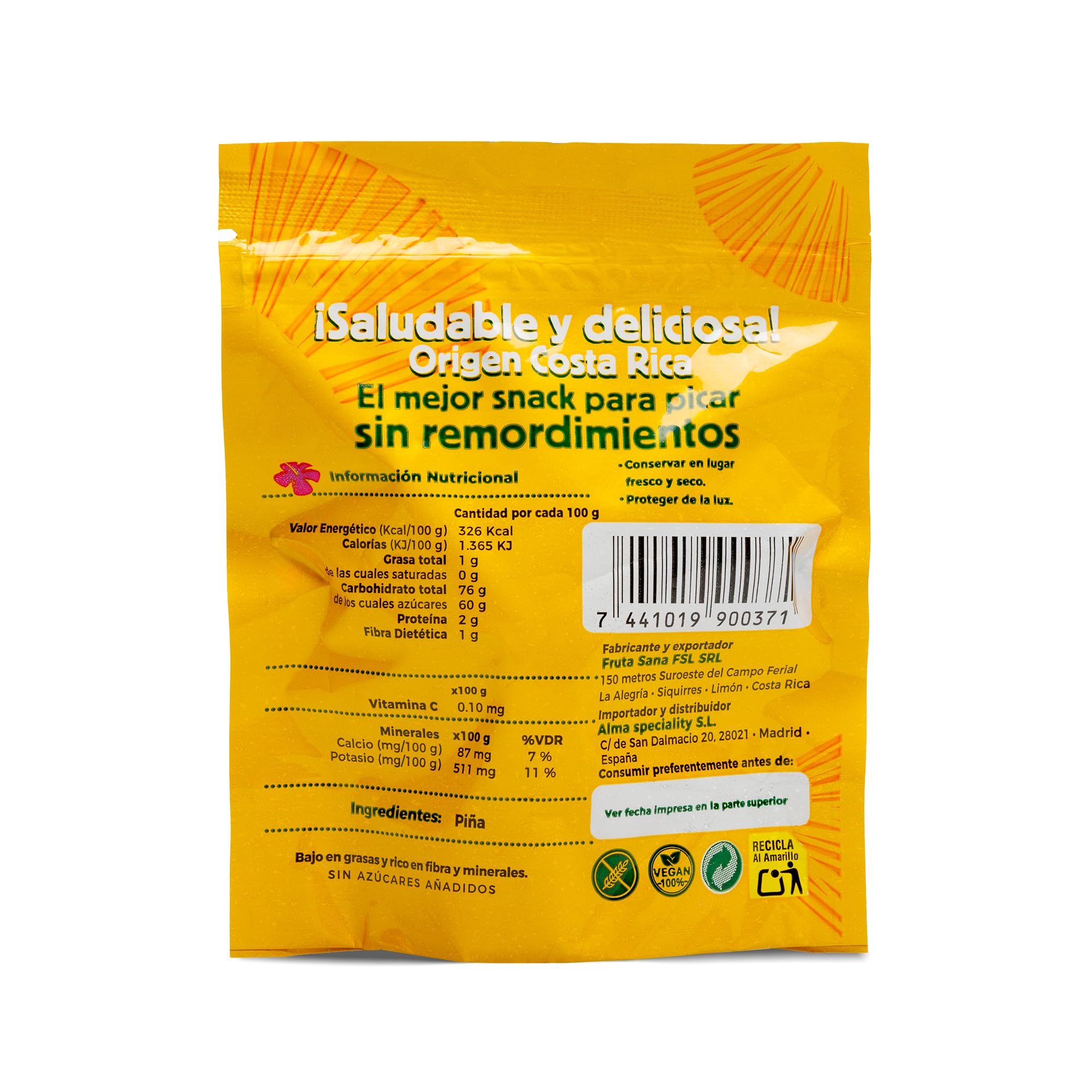 Alma Tropical - Piña Deshidratada Completamente Natural de Costa Rica (Caja 24 x 50g) | Snack saludable, Sin azúcares añadidos, Sin Alérgenos, Sin Glúten, Sin Conservantes