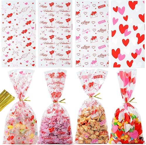 Miniatura 8 de idolpack Paquete de 50 bolsas de celofán para el día de San Valentín con 50 lazos torcidos, bolsas de violonchelo con corazón rojo, bolsas de dulces