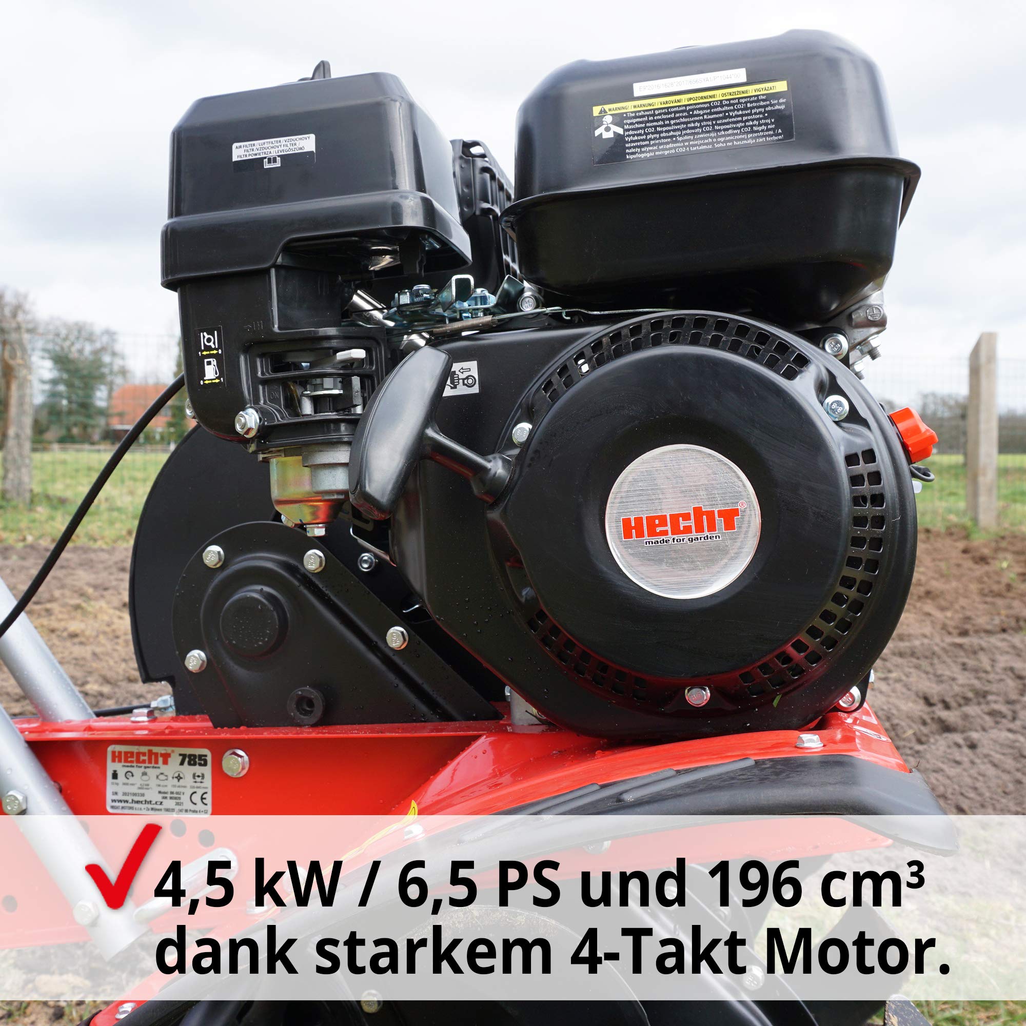 HECHT Benzin Motorhacke 6,5 PS 4,5 kW 32-84 cm Arbeitsbreite | 4-Takt-Motor, 24 robuste Messer, bis 32 cm tief, Garten umgraben und Boden auflockern, Gartenfräse und Bodenfräse