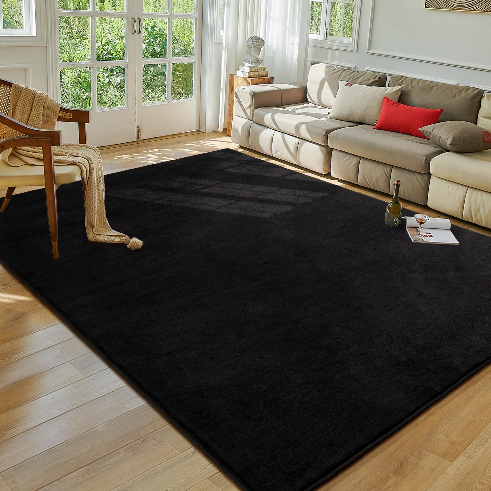 Softlife Area Rug for Bedroom Living Room, Solid Black Non-Slip 6x9 Fluffy Carpet with Soft Low Pile for Kids Boys Girls, Machine Washable Fuzzy
