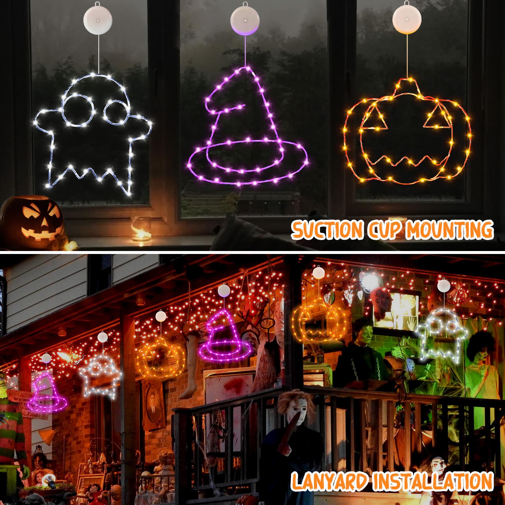 Zevmi Halloween Fenster Lichterkette - 3er Set Mit Kürbis, Spinne, Fledermaus