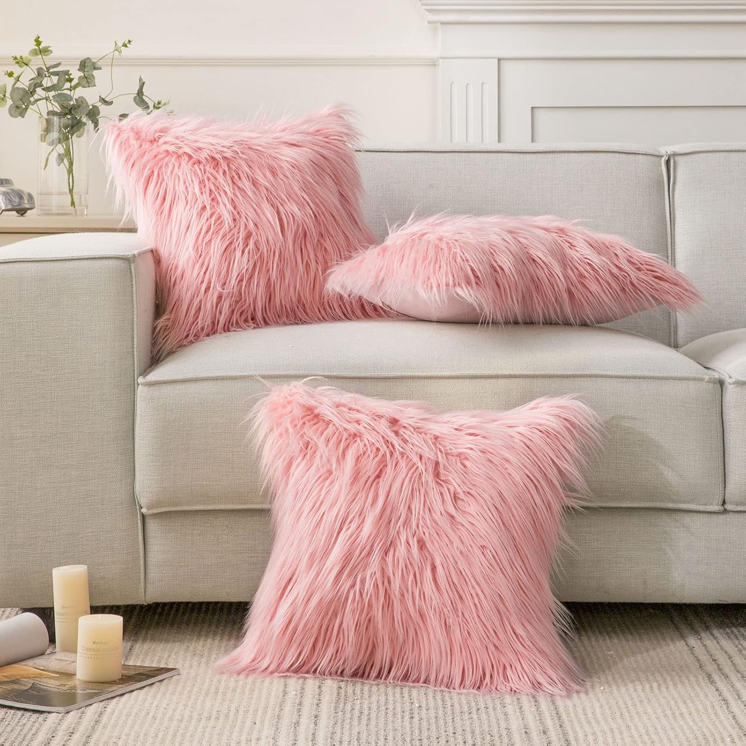 Phantoscope Faux Fur Solid Decorative Pillow Cover Fluffy Throw Pillow Mongolian Luxury Fuzzy Pillow Case Cushion Cover for Bedroom and Couch,Pink 18 x 18 Inches - Image 7