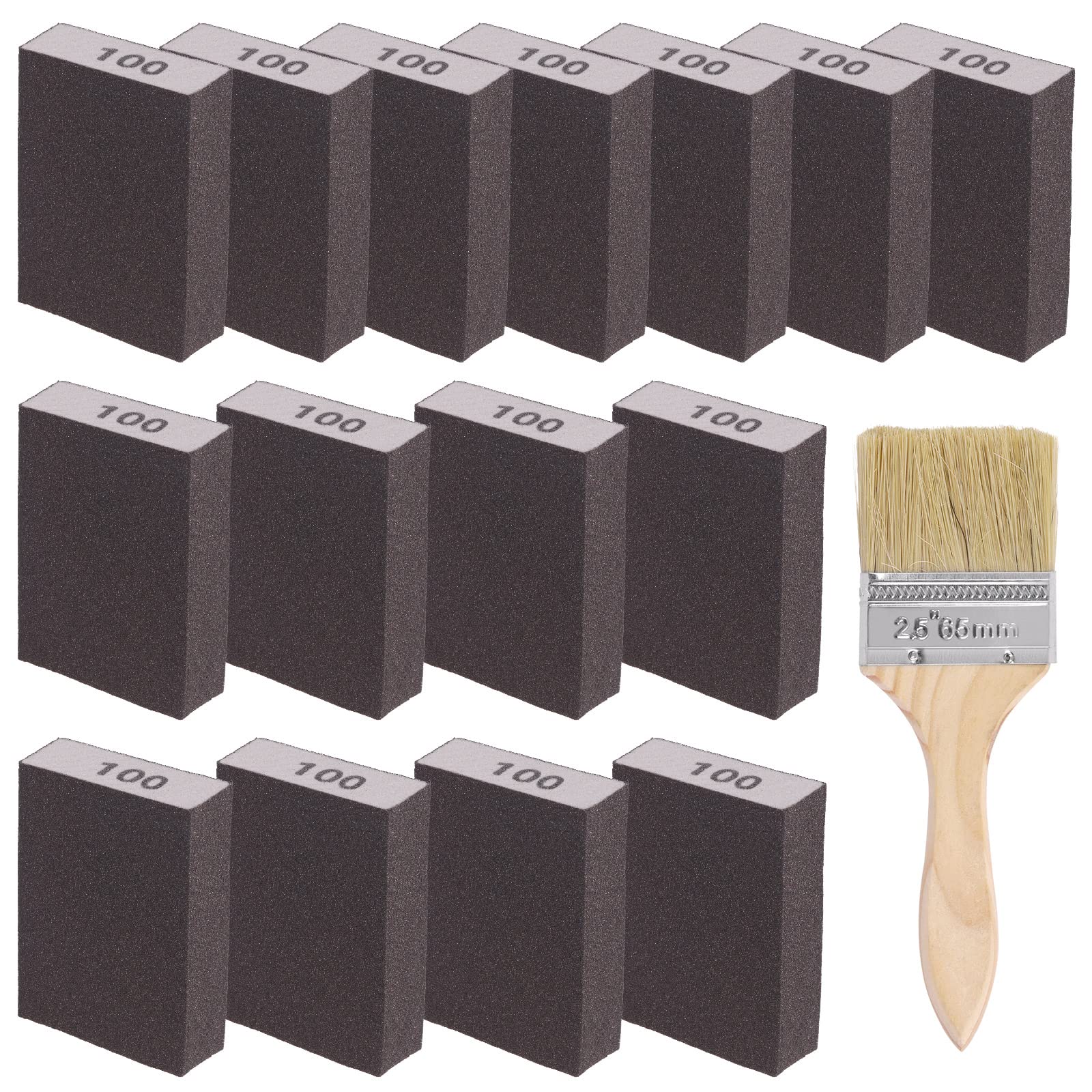 Glarks Kit di 16 spugne abrasive a grana 100, 15 pezzi, 10 x 7 x 2,5 cm, blocchi abrasivi lavabili e riutilizzabili e 1 pennello, ideali per la lavorazione del legno, la lucidatura dei metalli del