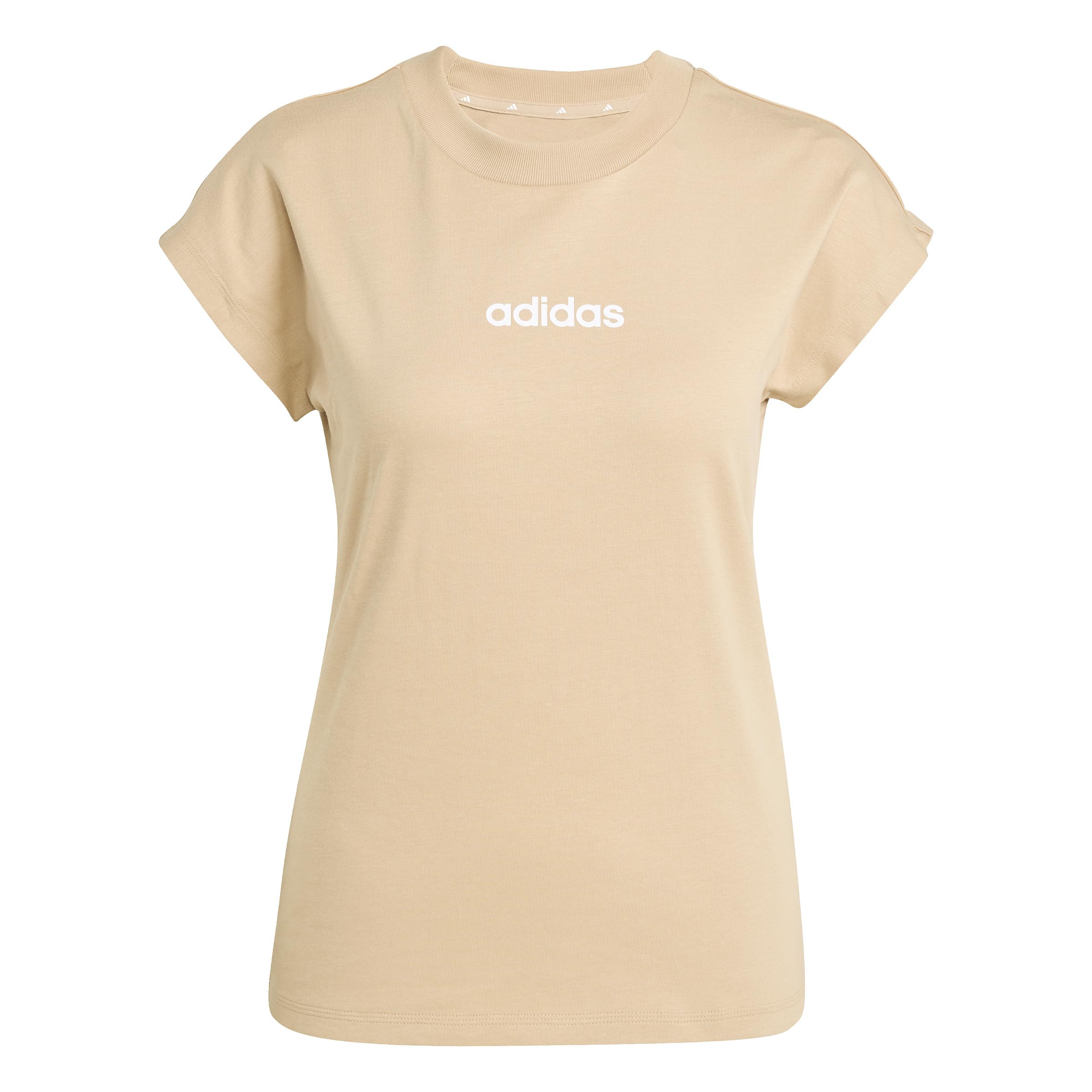 adidas Damen Essentials LINEAR Cotton T-Shirt, warm Sandstone/White, L