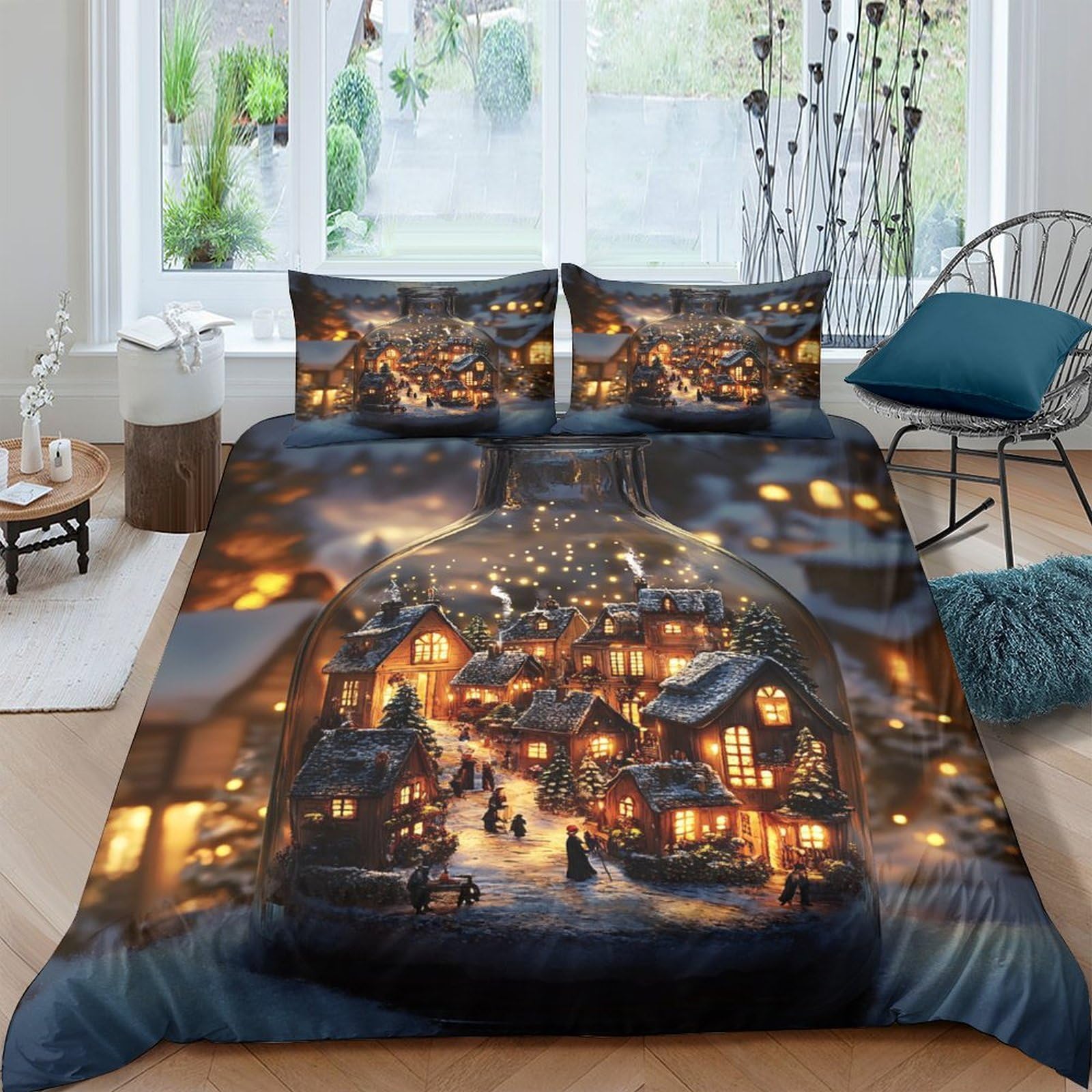 Ctjqhvkz Style-7 3D Printed Winter Village Scene Fitted Sheet Microfiber Soft Breathable Night Town Mattress Cover For Bedroom Home Decor Single（135X200cm）