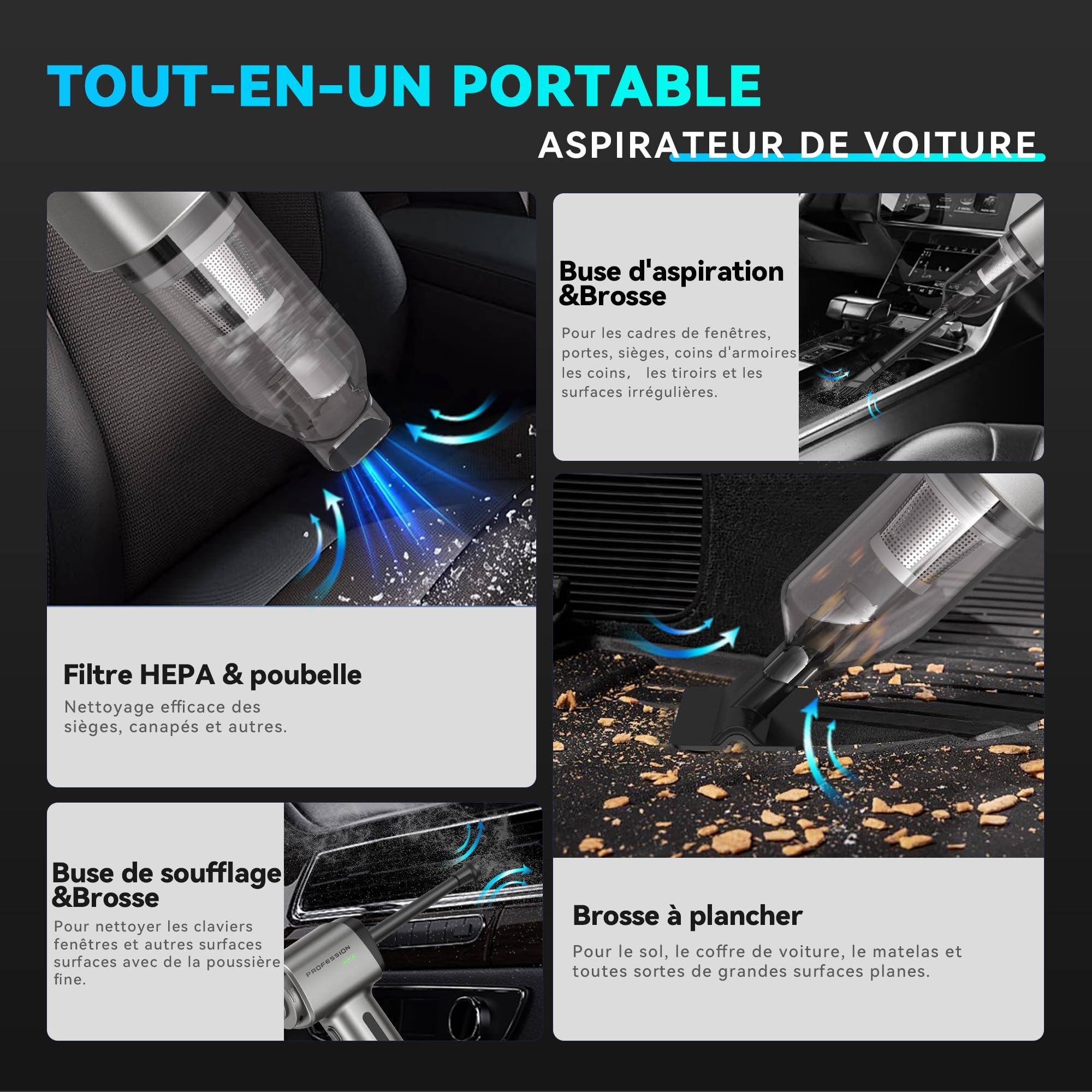 Aspirateur Voiture Puissant sans Fil 28000Pa Aspirateur à Main Rechargeable Portable USB-C Maison Auto Bureau (Gris Foncé)