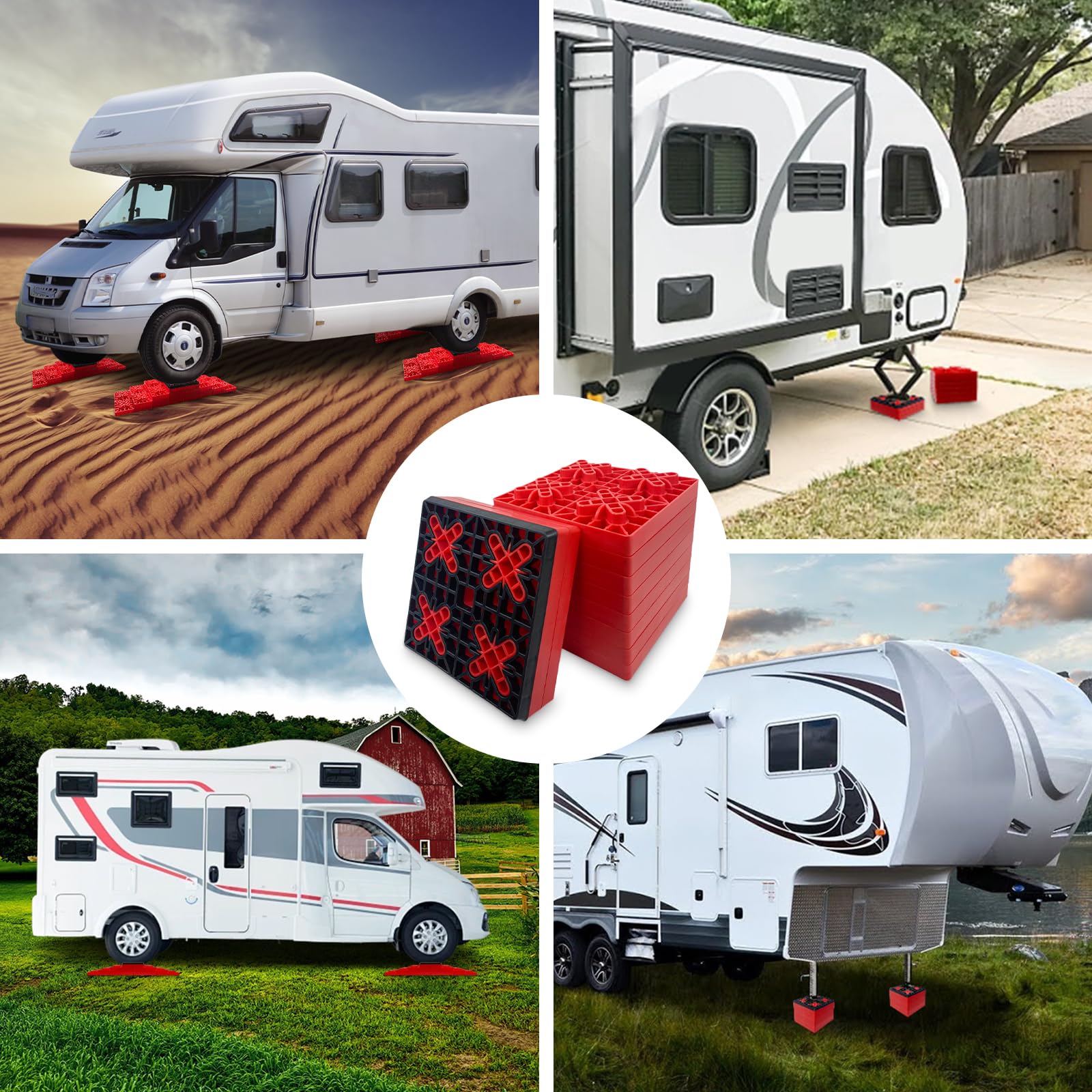HOXWELL Bloques de nivelación resistentes para caravana, paquete de 10, bloques estabilizadores de diseño entrelazado para altura personalizable, accesorios para remolque de caravana con bolsa de