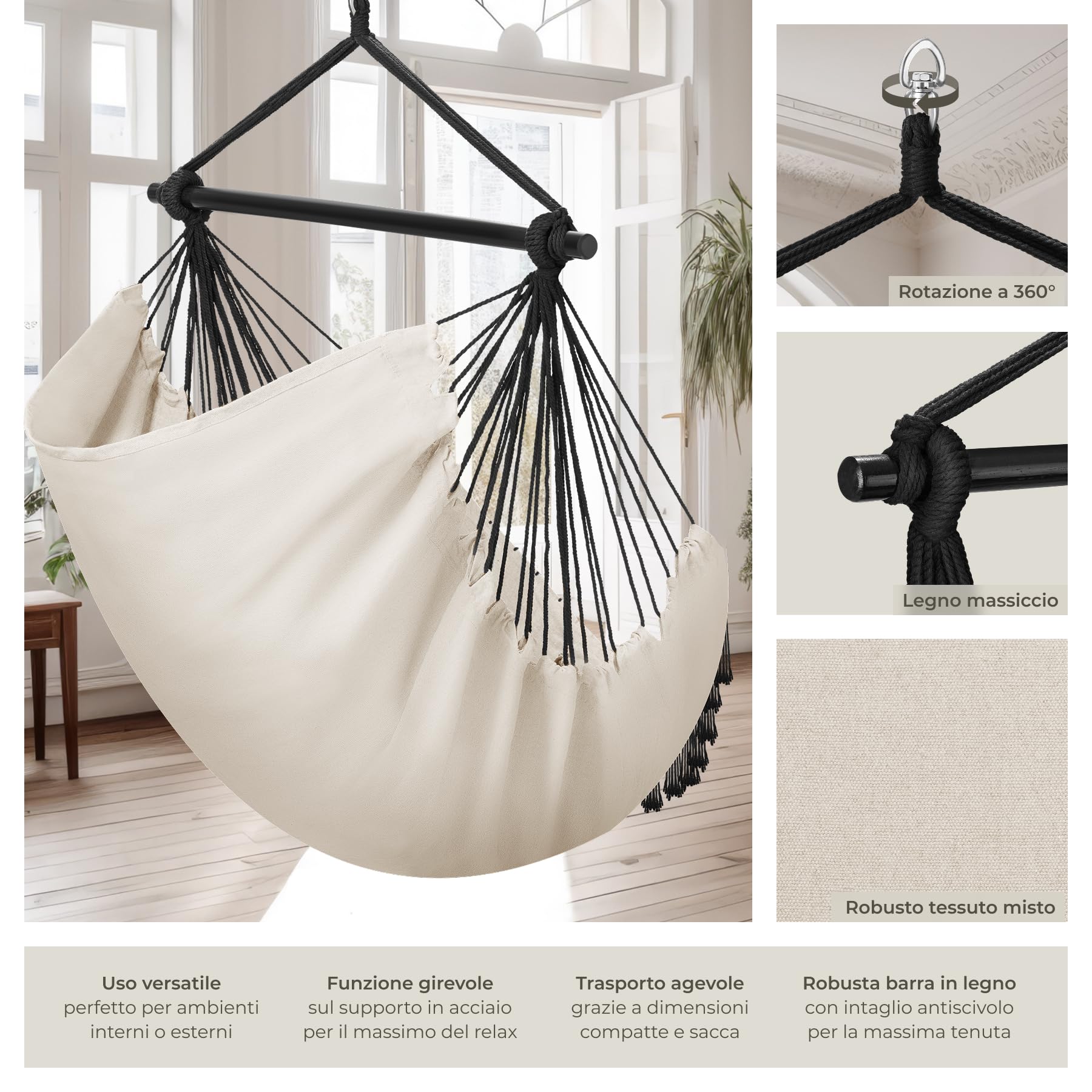 tectake® Poltrona Sospesa Malika, Stile Bohemien, Tessuto Misto Cotone-Poliestere Traspirante, Cuscini Extra Spessi, Scomparto per Libri, Appoggio per Bibite Regolabile, Carico Massimo 150kg - Beige