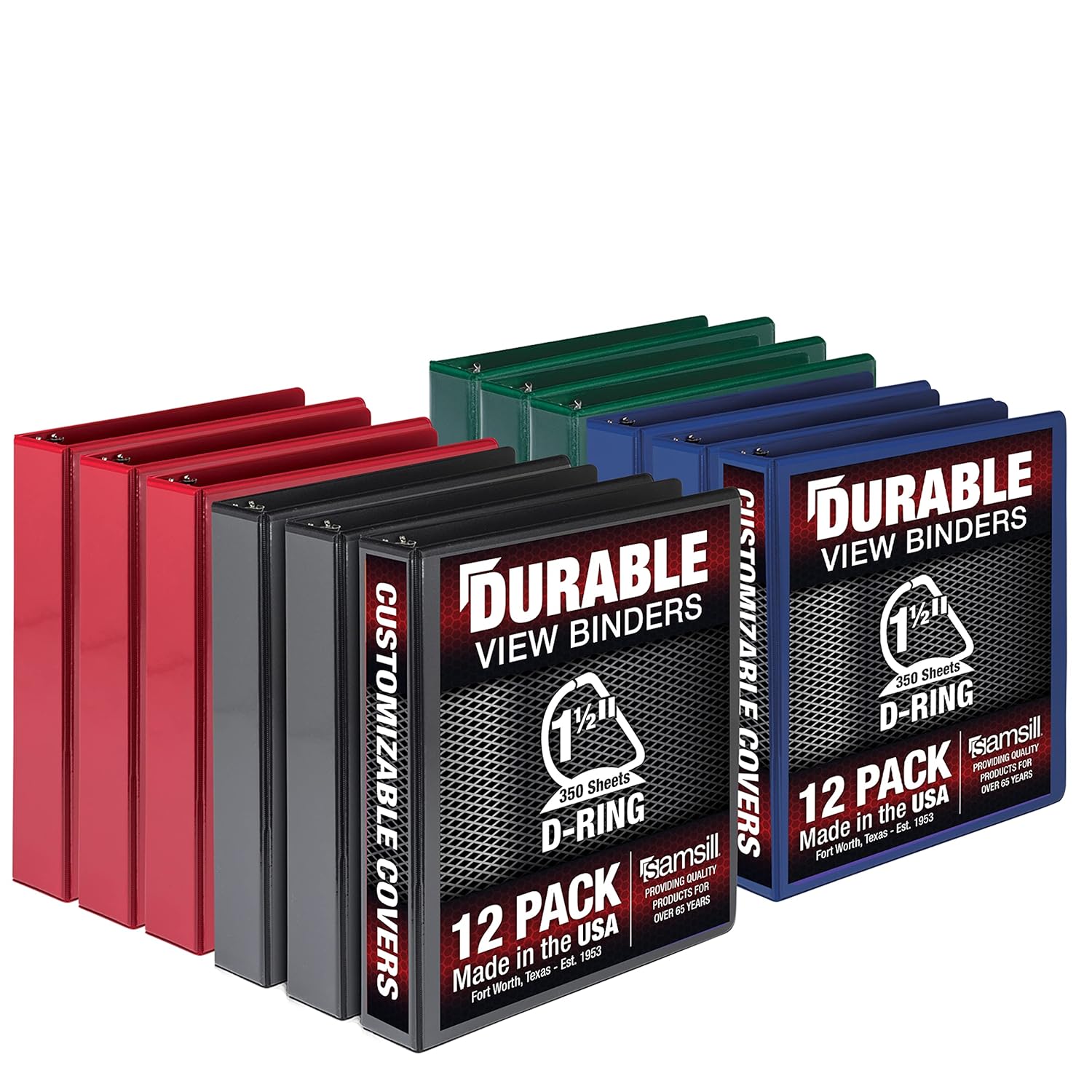 Samsill Durable 1.5 inch 3 Ring Binder, Made in USA, D Ring Binder, FSC 100% Recycled Chipboard, Basic Assortment, 12 Pack 12 Pack 1.5 Inch Basic Assortment