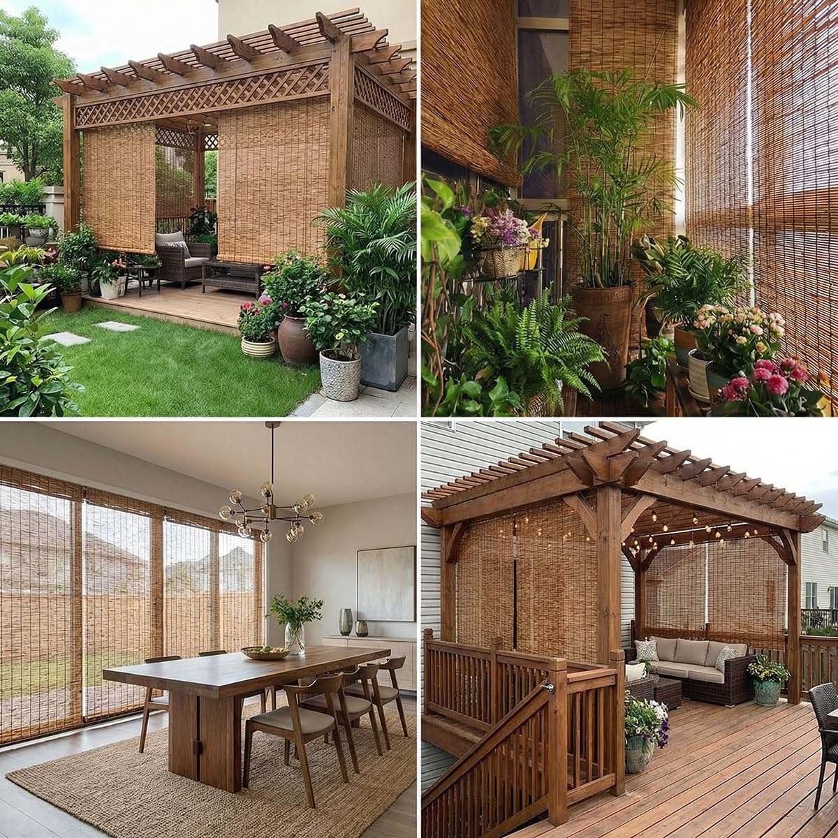 Bambusrollo Outdoor Wetterfest, Natur Bambus Rollo mit Lifter, Sichtschutz Balkon Bambus, Sonnenschutzrollo Außen für Garten, Schilf Vorhang Aussenbereich, Verdunkelung(Natural,100W x 120H cm)