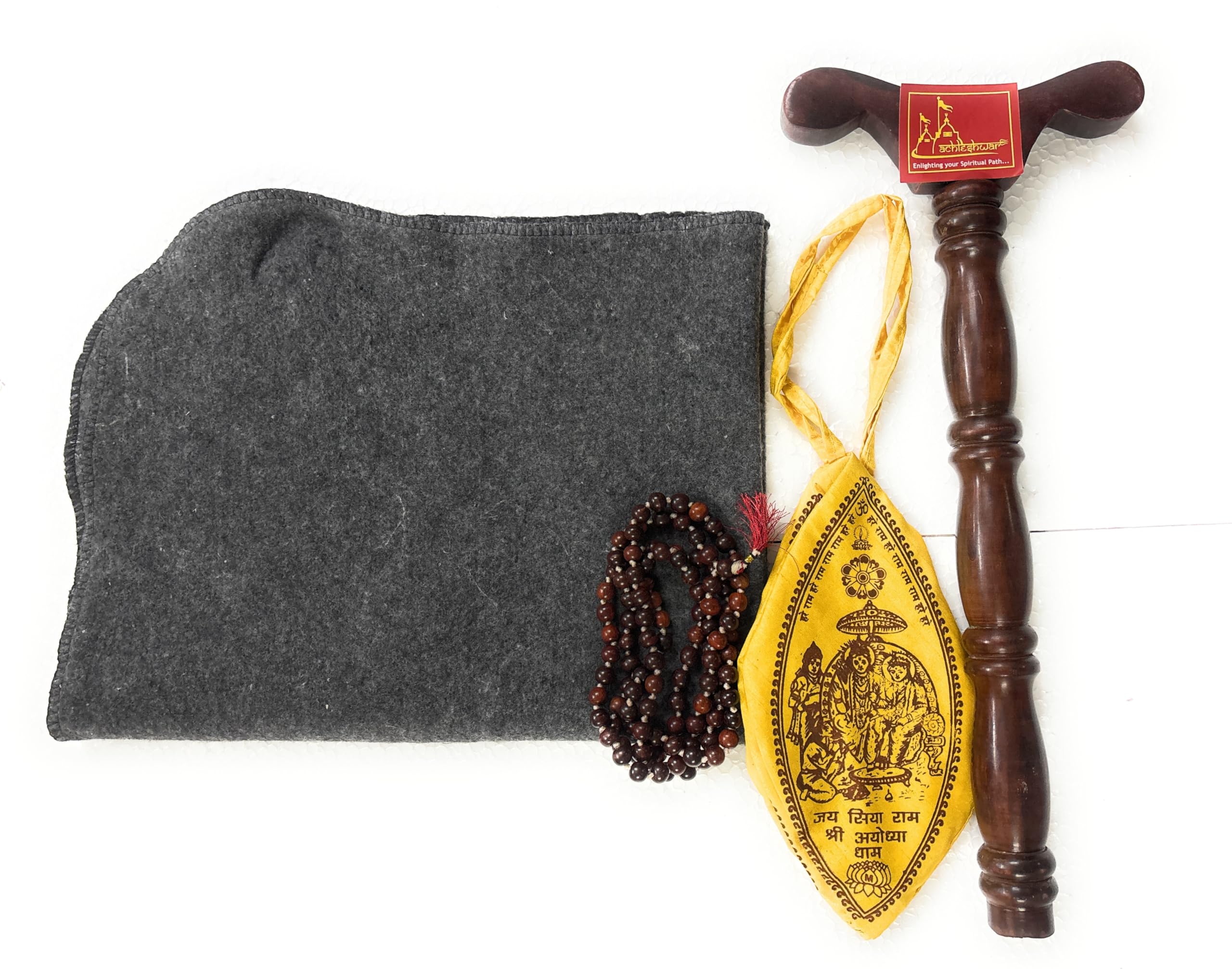 patitpavan premium meditation combo grey woollen aasan with gomukhi,lal chandan mala & jap mala stand/completely handcrafted perfect mat for meditation & prayers worshiping.