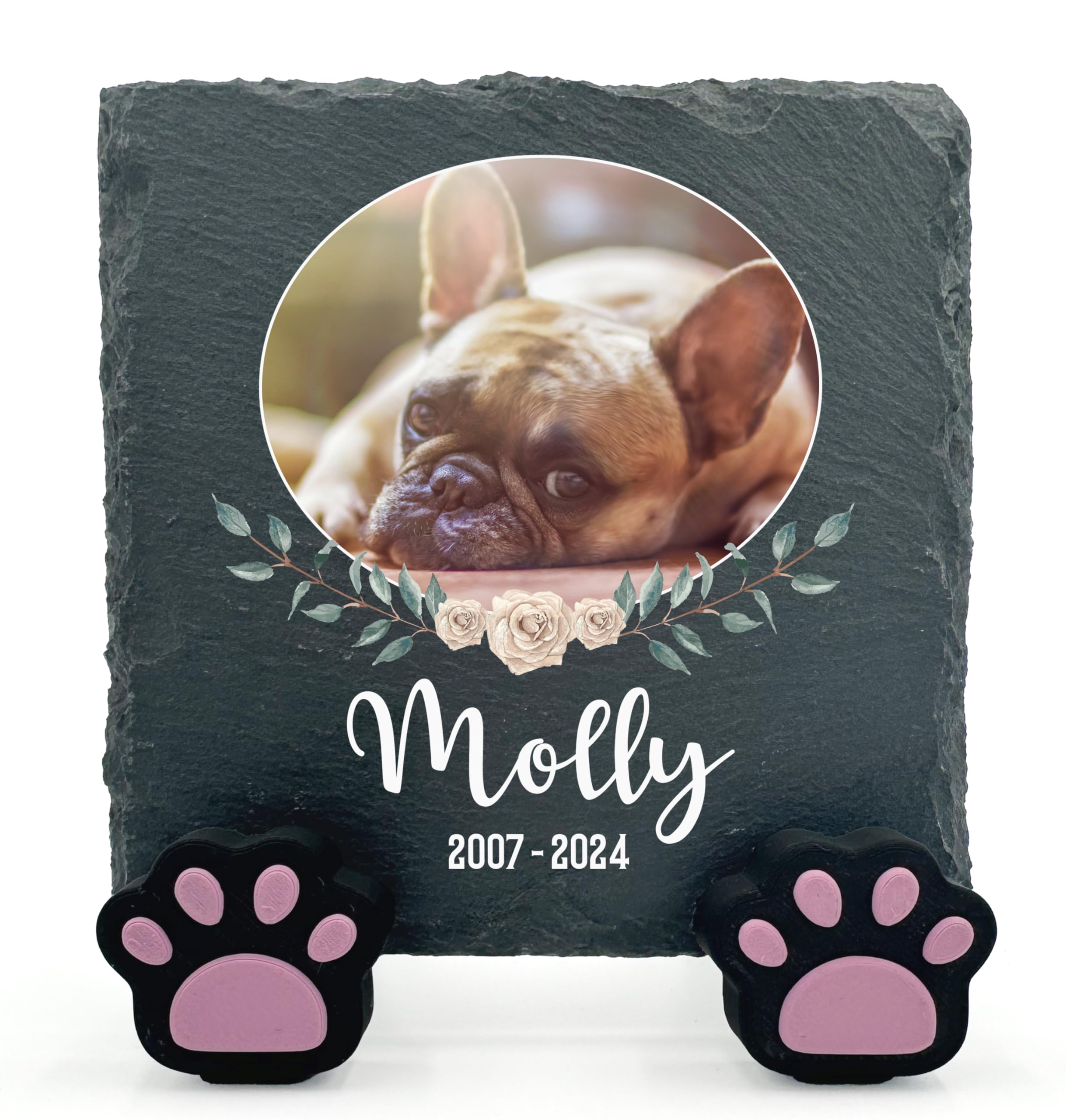 TULLUN Personalised Individual Square Memorial Small Plaque with Paw Stand For Pet Cat Dog Slate Stone Frame Grave Marker - Size 5.9" x 5.9" or 150 x 150 mm - Floral Frame — image 1