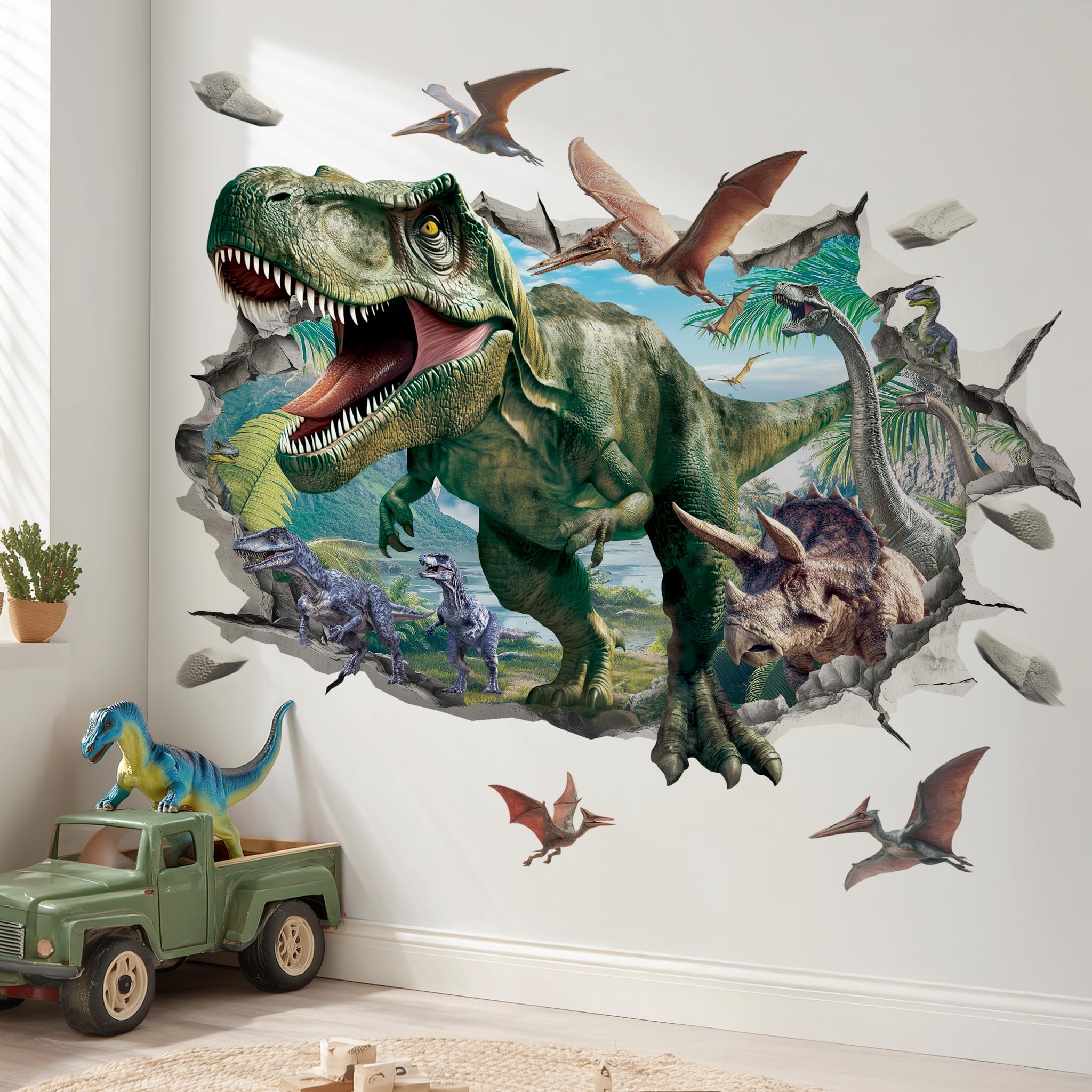 Decowall Boys 3D Dino Saur Wall Stickers – Realistic T-Rex & Jurassic Dinosaur Wall Decals For Kids Bedroom, Nursery, Playroom, Baby Room & Room Décor (Sg2-2515)