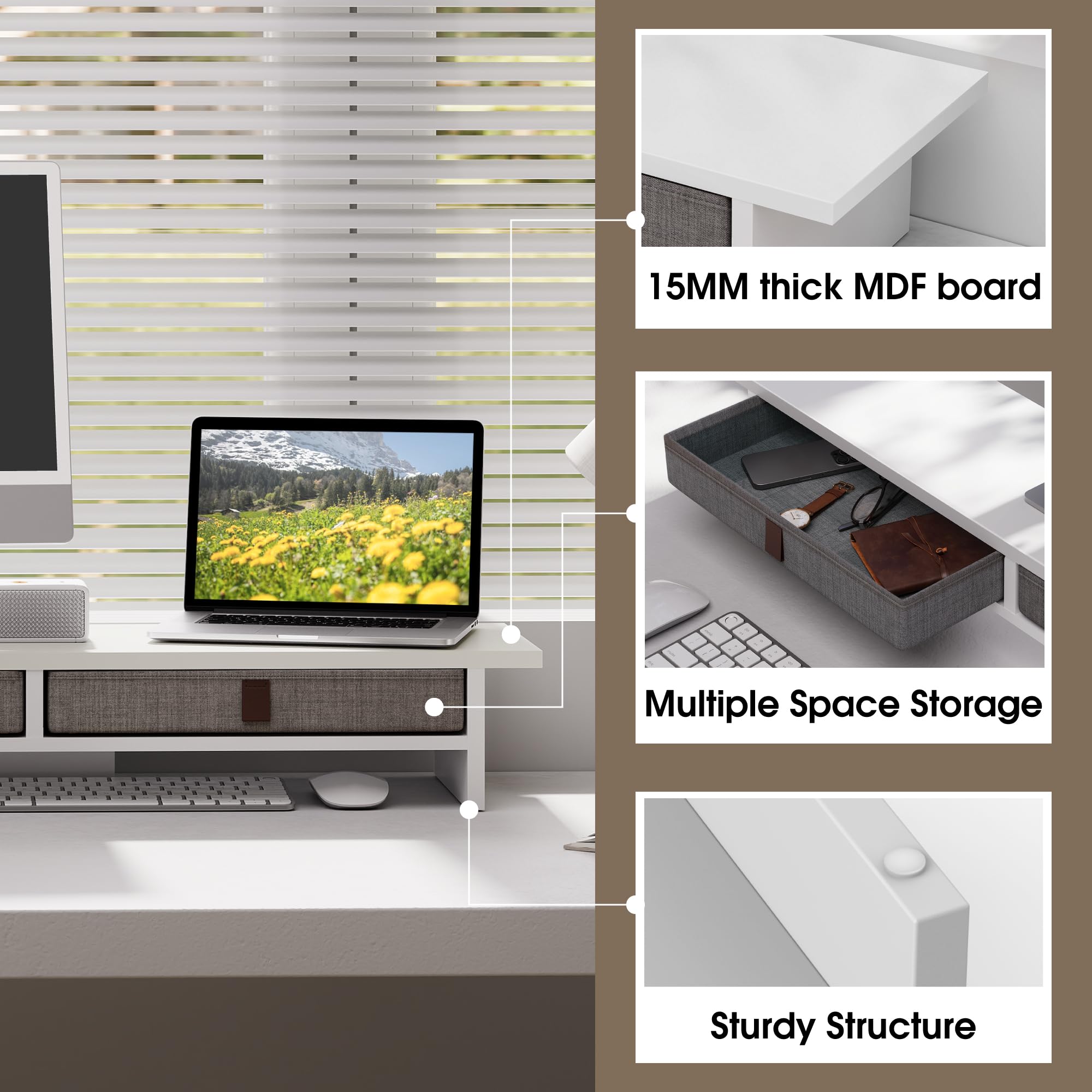 Fenge Supporto per Doppio Monitor con Cassetto 90 cm Organizzatore da Scrivania a 2 Strati per PC/Laptop/Stampante/TV L90 x L23,5 x H14,2 cm (Bianco)