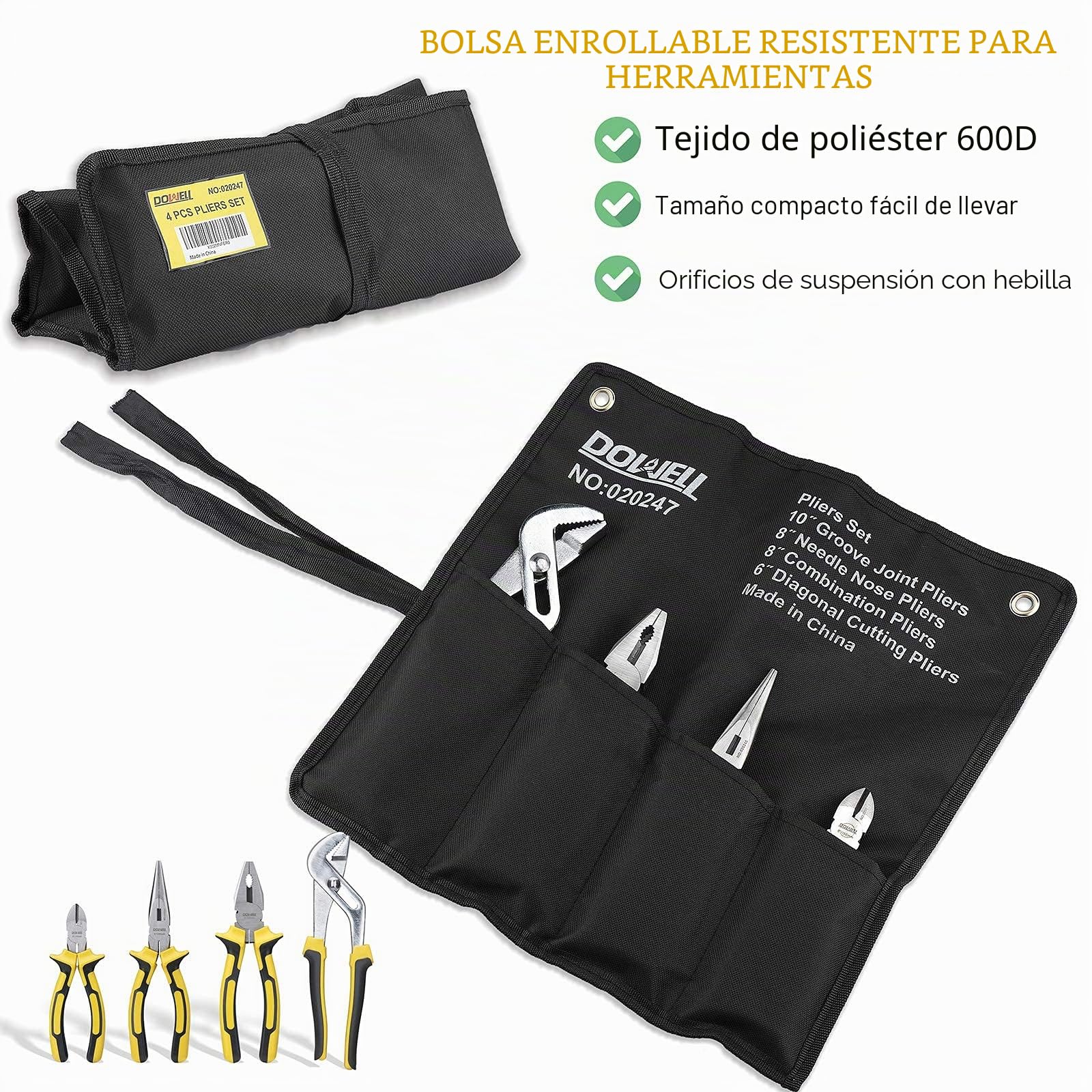 DOWELL Juego de 4 Alicates Con Bolsa de Almacenamiento - Punta Larga 8", Línea 8", Diagonales 6", Junta de Ranura 10"
