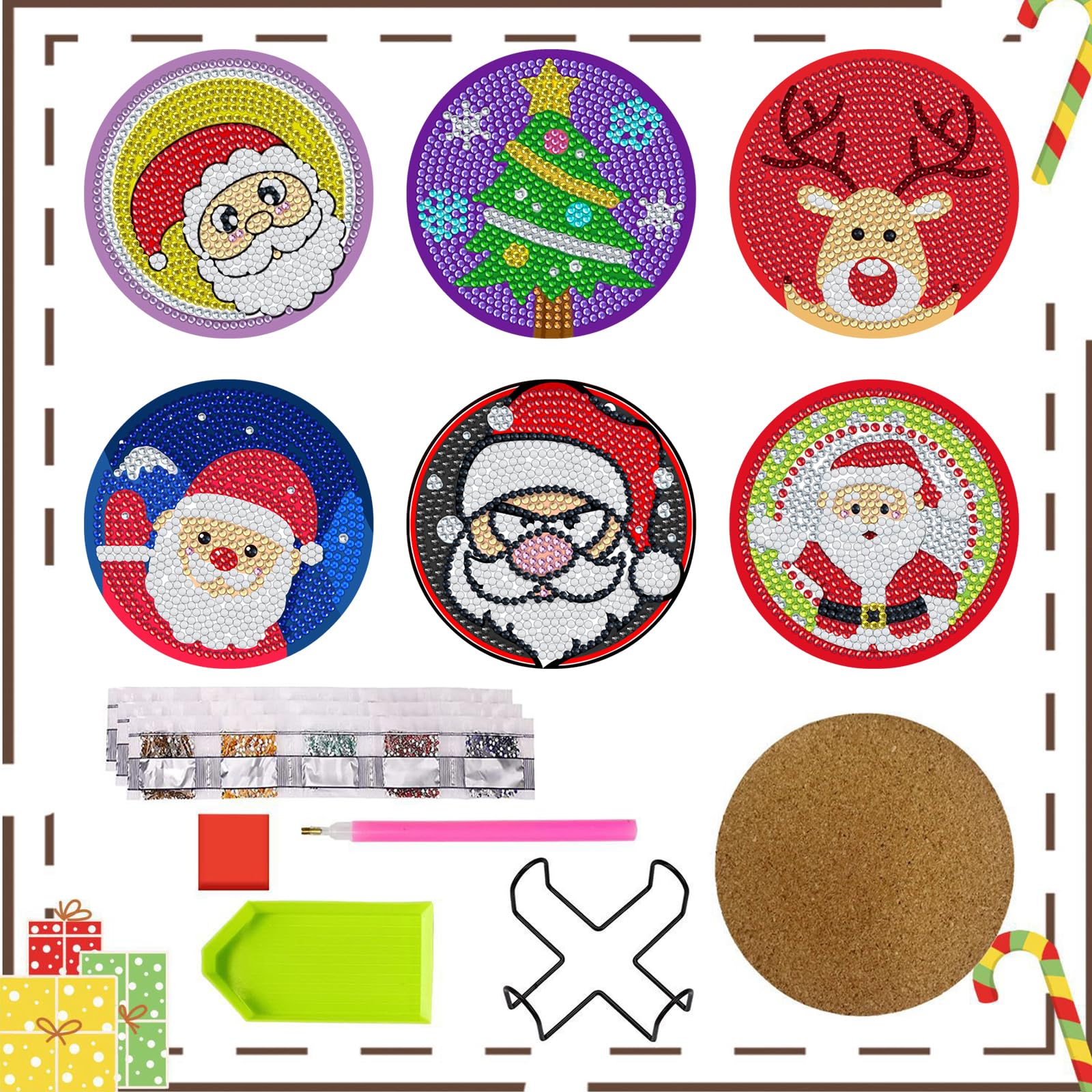 6 Pcs Christmas Diamond Paintings Coasters,Diamond Art Coasters Kits,DIY Santa Clause Christmas Tree Coasters Diamond Painting Set for Adult Kid Beginners,Drink Coasters with Holder,Non-Slip Cork Base