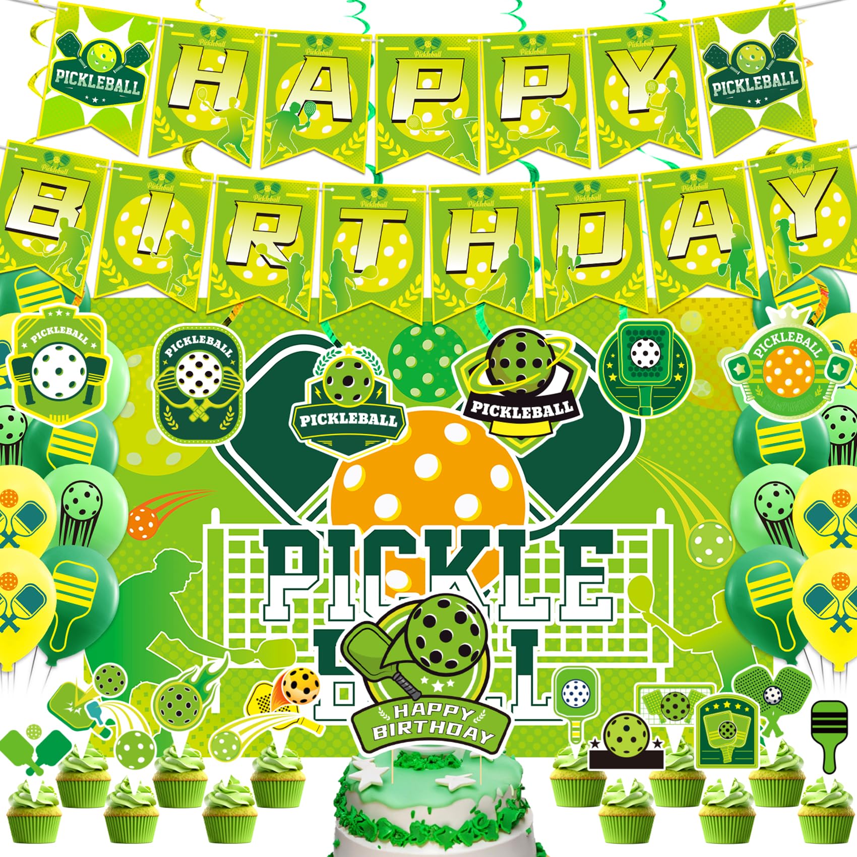 36-Piece Pickleball Party Decorations Kit - Banner, Balloons, Cake Topper & Swirls