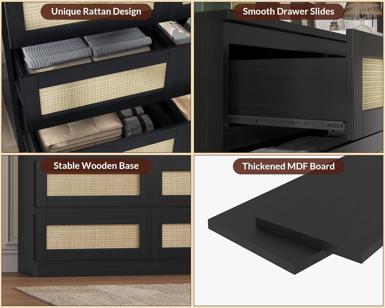 GarveeHome Rattan 9 Drawer Dresser with Charging Station, Farmhouse Chest of Drawers, Wide Closet Dresser Storage Organizer for Bedroom, Living Room, Entryway, Black