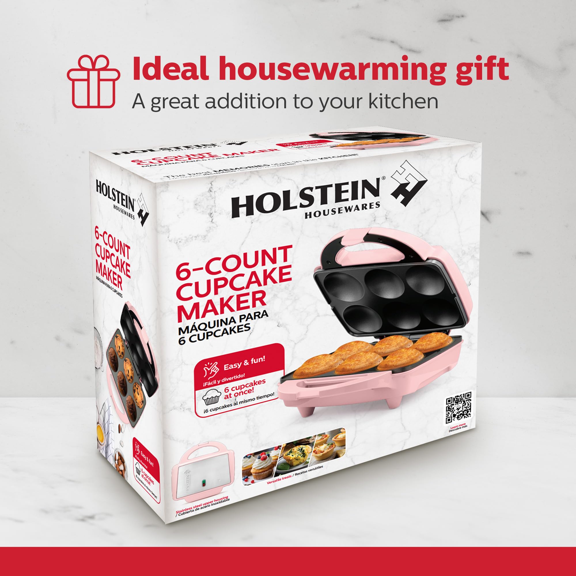 Holstein Housewares 6-pak elektrycznych nieprzywierających różowych maszyn do pieczenia - piecze 6 babeczek, babeczek, kubków do pizzy, bułek cynamonowych - idealne na prezenty, urodziny, święta lub