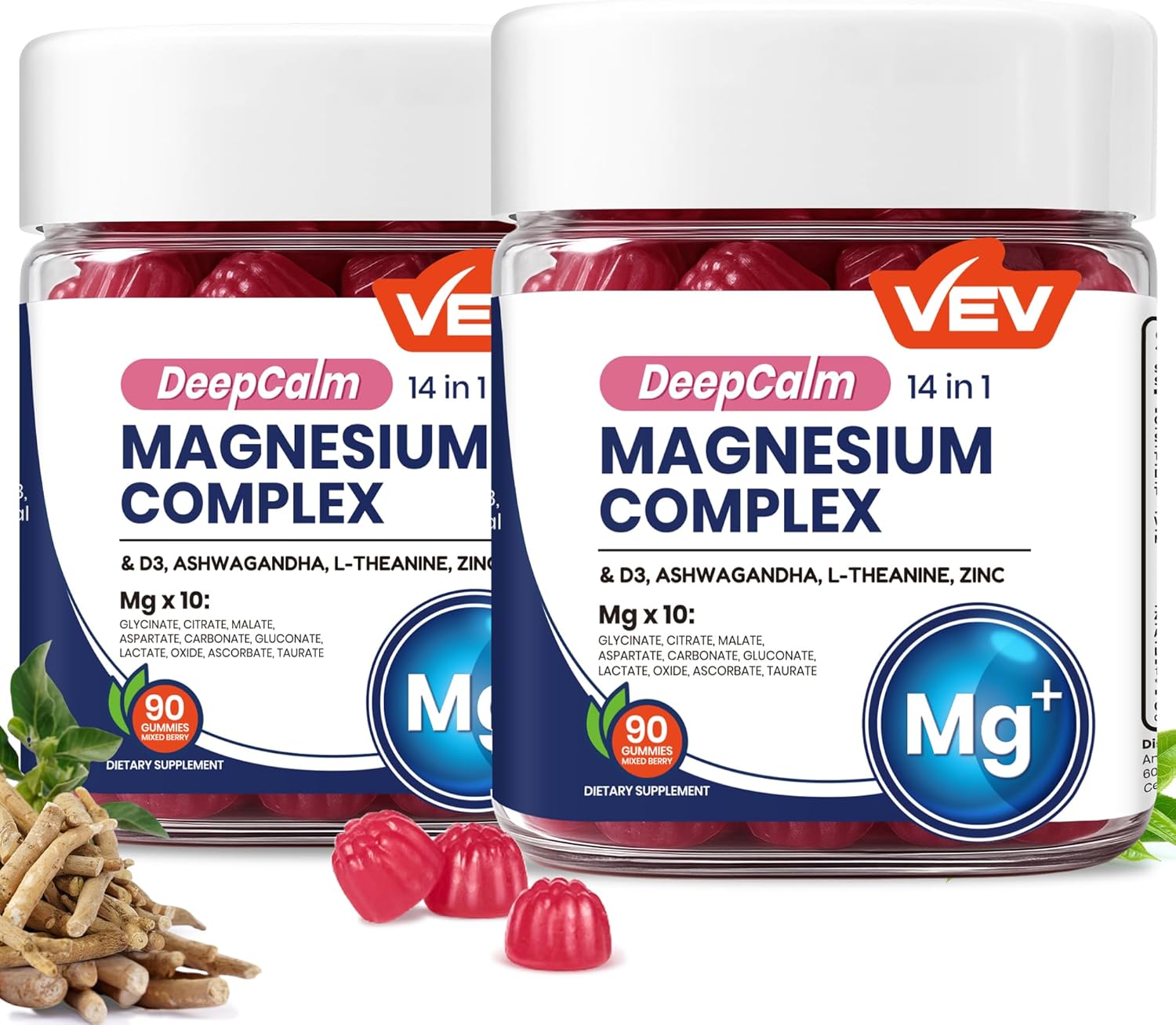 VEV Deep Calm Magnesium Complex 14-in-1 Gummies with Ashwagandha, L-Theanine, Vitamin D3 & Zinc for Women and Men, Vegan Magnesium Glycinate Gummies, 180 Gummies Total, Pack of 2