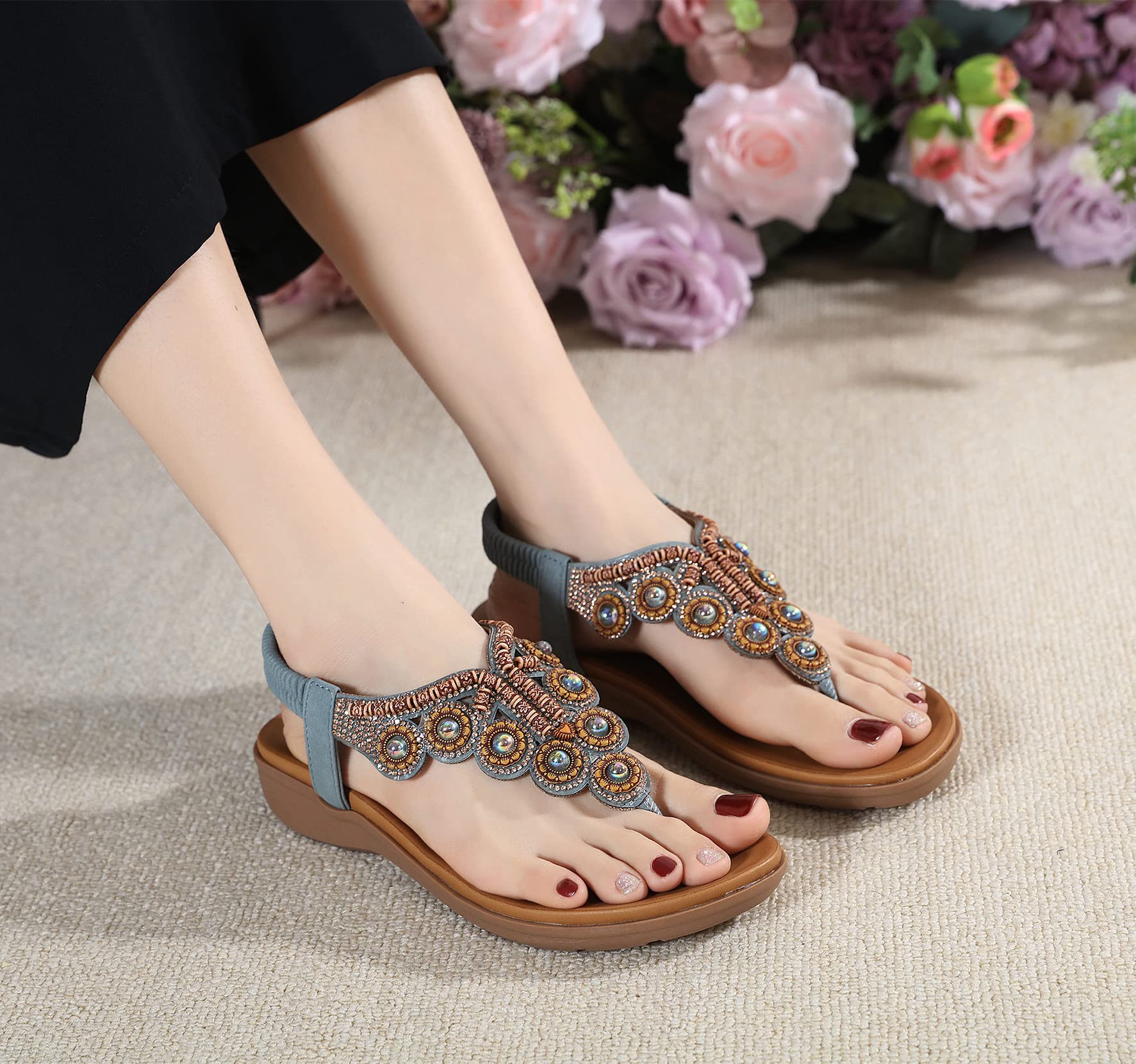 SMajong Sandali Bohemia Donna Estive Piatto Comode Infradito Strass Gioiello Moda Scarpe da Spiaggia con Elastiche Cinghia