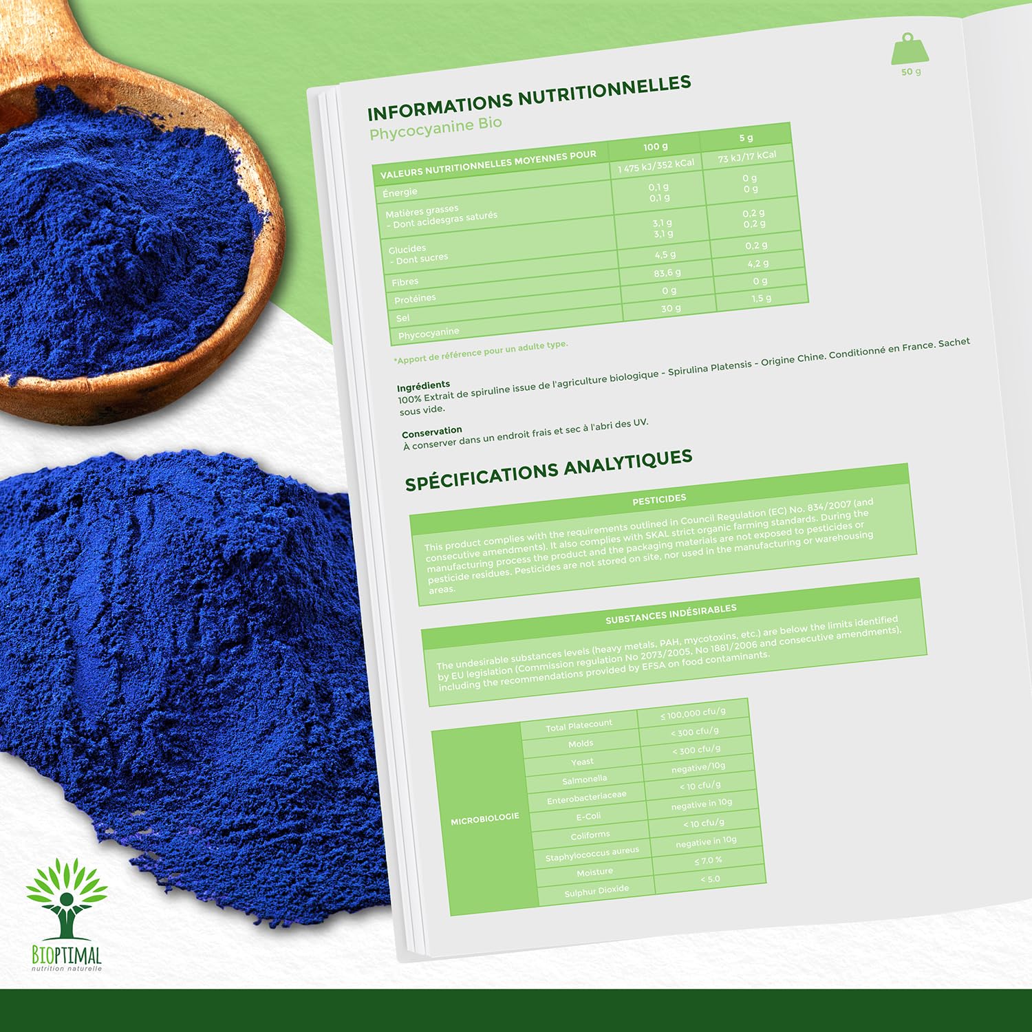 Spiruline Bleue Bio - Bioptimal - En Poudre - 30% Phycocyanine Blue 80% Protéines - Colorant Alimentaire Bleu Intense - Cuisine Recette - Contrôlé et Conditionné en France - Certifié Par Ecocert - 50g