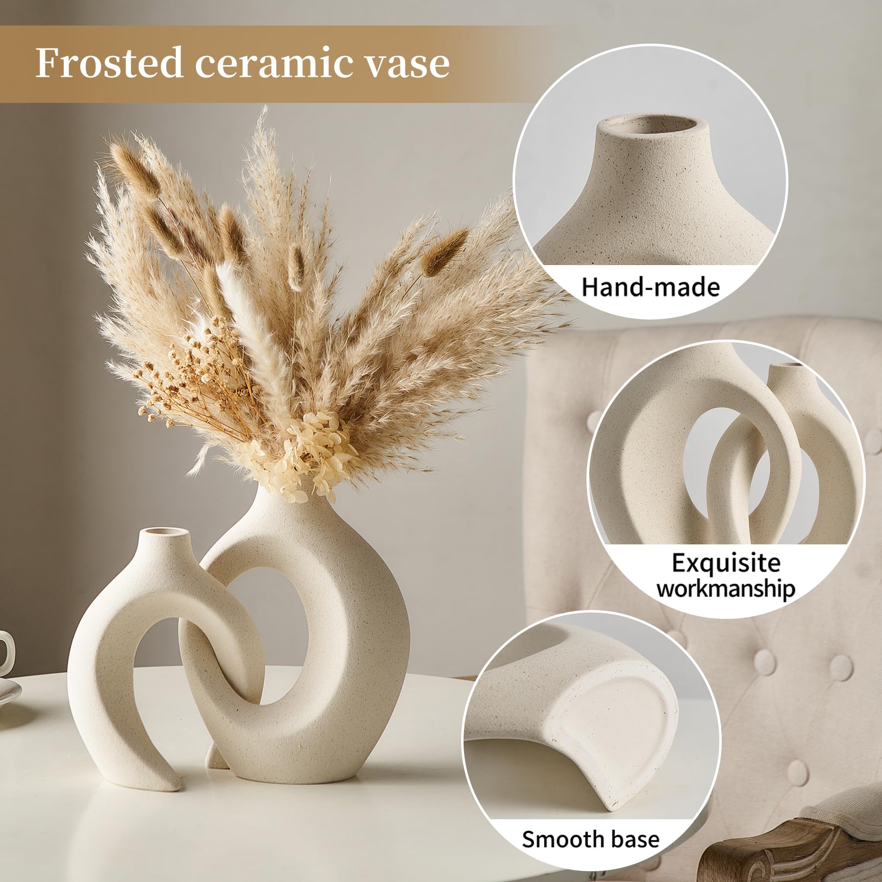 Ceramic Vases for Home Decor, White Boho Flower Vase, Minimalist Round Decorative Vase, Modern Vase for Living Dining Room Office Entryway Coffee Table Bookshelf Decor Set of 2