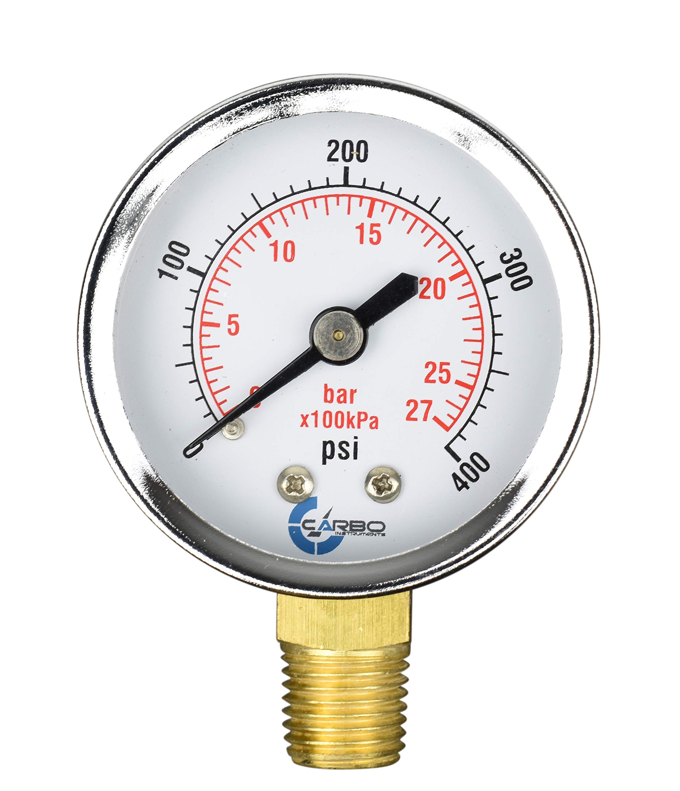 2" Pressure Gauge, Chrome Plated Steel Case, Dry, 0-400 psi/kPa, Lower Mount 1/4" NPT
